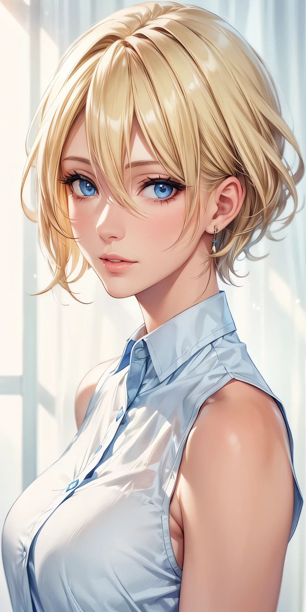 Portraiture, Realistic, Elegant mature woman, blue eyes, Blonde, 4K resolution, Ultra-detailed CG, Beautiful CG, Soft Light,See-through blouse (NSFW),Small breasts,Detailed eyes,Detailed face,Closed Mouth,Blue sparkling detailed eyes
