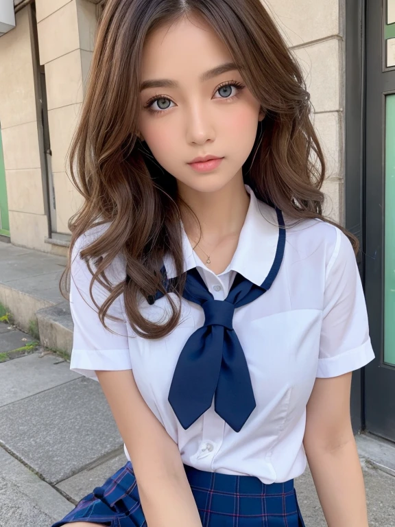 (Photoreal:1.4, 8K), highest quality, masterpiece, ultra high resolution, perfect dynamic composition, big face、round face、((light brown hair:1.8、curly hair))、Highly detailed skin and facial textures:1.3, Detail of limbs, 1 girl, Cute sexy 22 year old woman, (tanned skin:1.4), tilt one's head, ((completely enchants you:0.9)), ((school uniform、chuck pattern mini skirt)),Medium chest, (look away、beautiful eyes, blue eyes、Eyes that feel beautiful eros:0.85), sexy face:0.4, (closed mouth、small mouth、thick lips、A taste of beautiful eroticism:0.85), ((Too cute beauty:0.9))、gal makeup、((extreme close up))