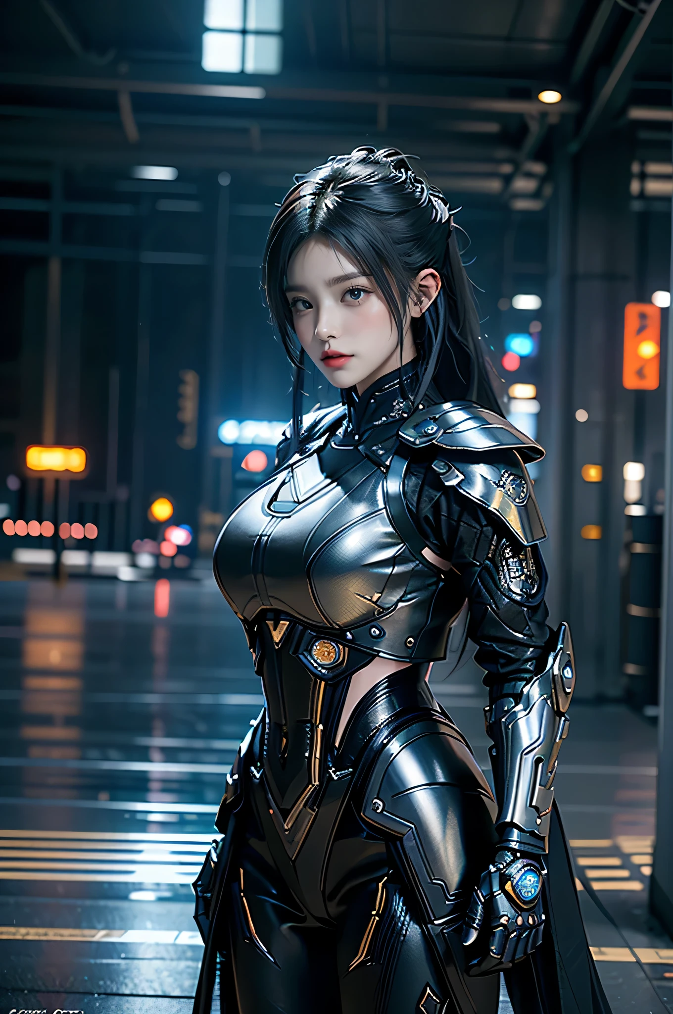 Game art,The best picture quality,Highest resolution,8K,((A bust photograph)),((Portrait)),(Rule of thirds),Unreal Engine 5 rendering works, (The Girl of the Future),(Female Warrior), 22 year old girl,(Female hackers),(Ancient Oriental hairstyle),(A beautiful eye full of detail),(Big breasts),(Eye shadow),Elegant and charming,indifferent,((Frown)),(Battle wear full of futuristic tech,Clothing combines futuristic power armor and police uniforms,The garments are adorned with glittering patterns and badges),cyberpunk characters,futuristic style, photo poses,city background,Movie lights,Ray tracing,Game CG,((3D Unreal Engine)),OC rendering reflection pattern