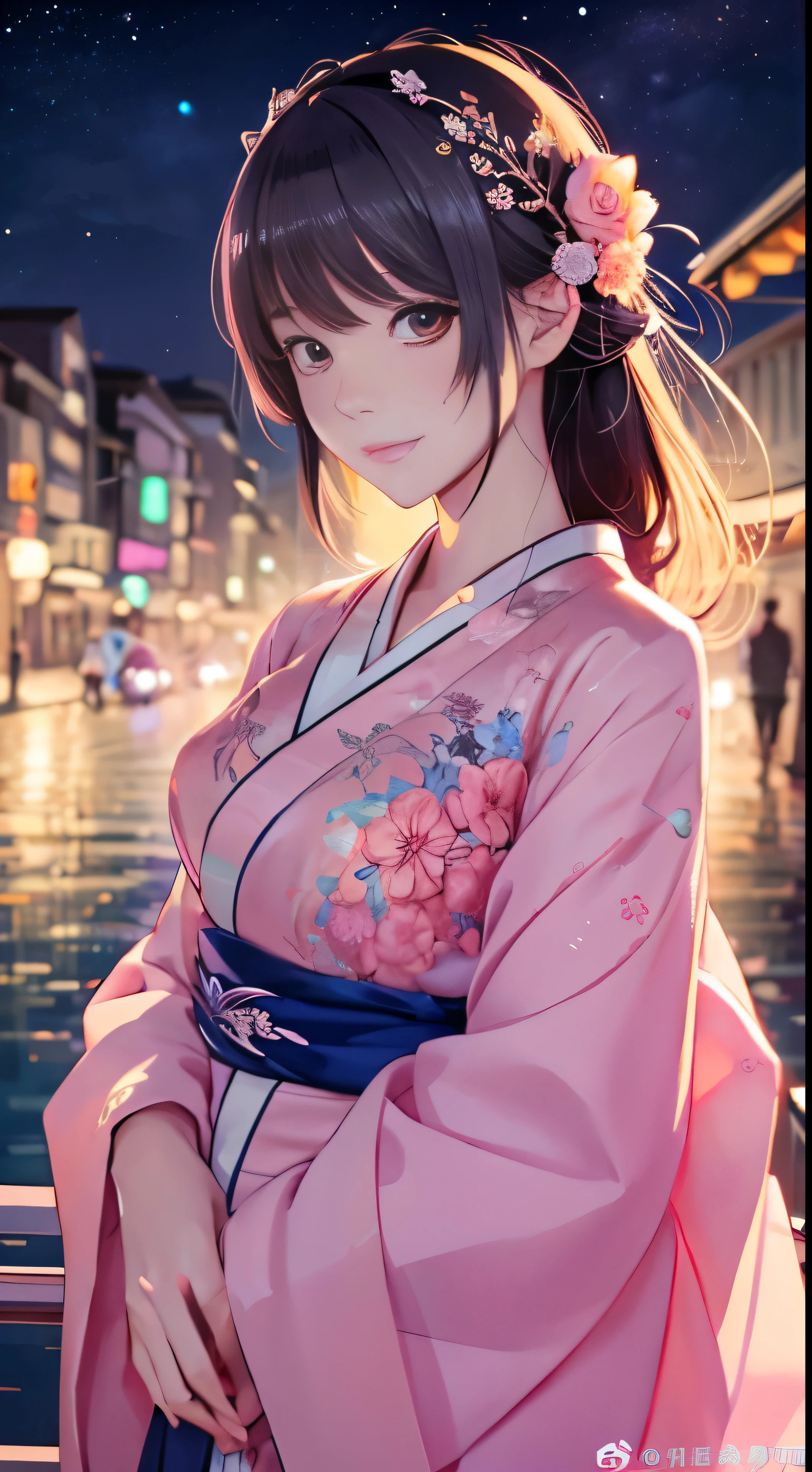 Anime girl adorned in pink kimono clothes, shoulder-gazing pose, anime drawing masterpiece by Yang J, Pixiv contest winner, serial art entry, intricately detailed digital anime illustration in Guweiz style, reminiscent of kawashi and traditional anime aesthetics, stunning anime portrait executed in 4K resolution, artful depiction of beautiful starry night sky, captivating anime style artwork illuminating the night view.