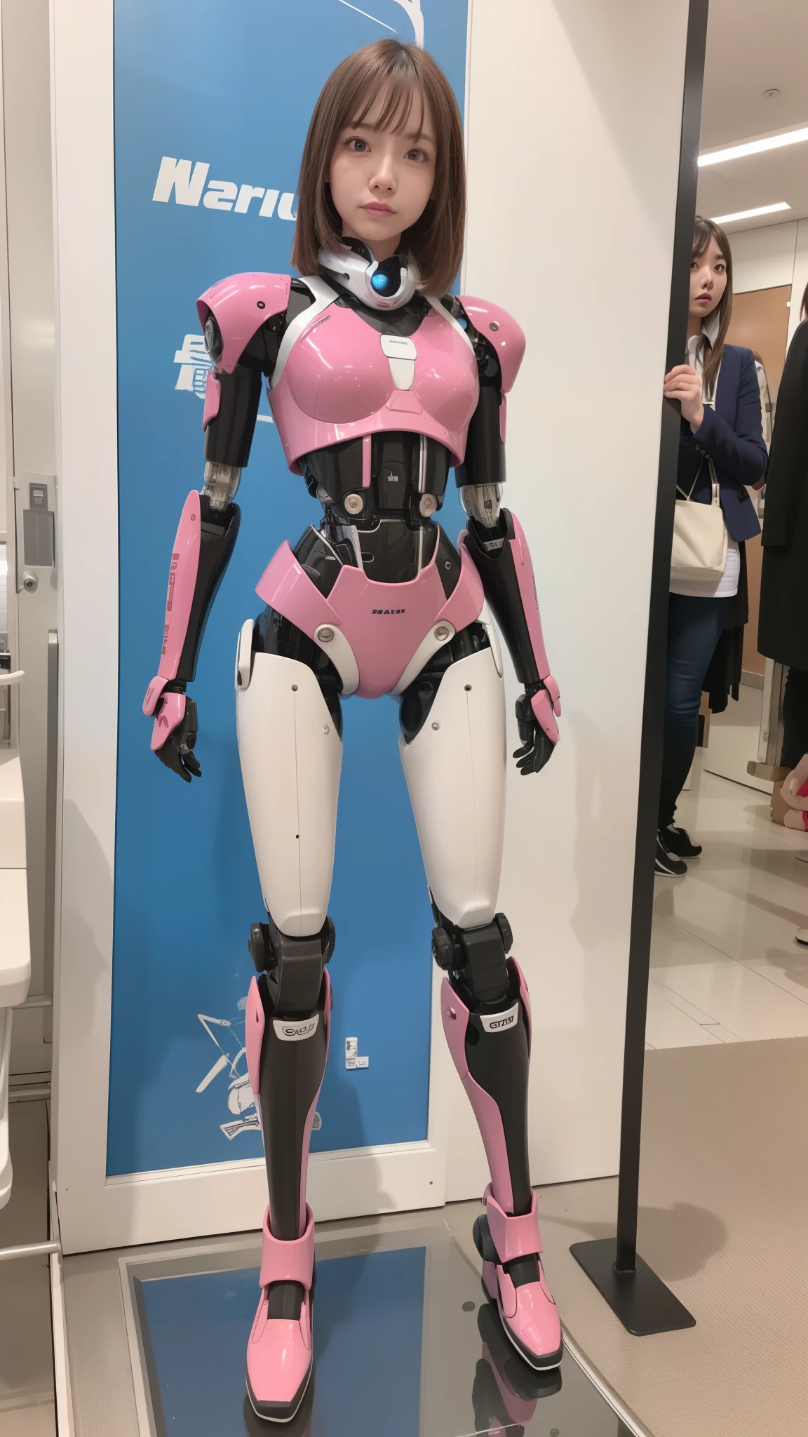 cyborg, pink there, Silver, Metallic body, Robot Parts, Metal Parts, Super Detailed Face, Super well-formed face, of the highest quality, a small face, a small head, full body, Brown hair, Slender body, Camera gaze, Internal Mechanical Exposure, Idol, Well-proportioned body, gravure, Photo session, Akihabara, Moe Pose, Standing with legs open, Model body type, sad, Embarrassing,(Perfect Robot Girl),(Perfect machine body)