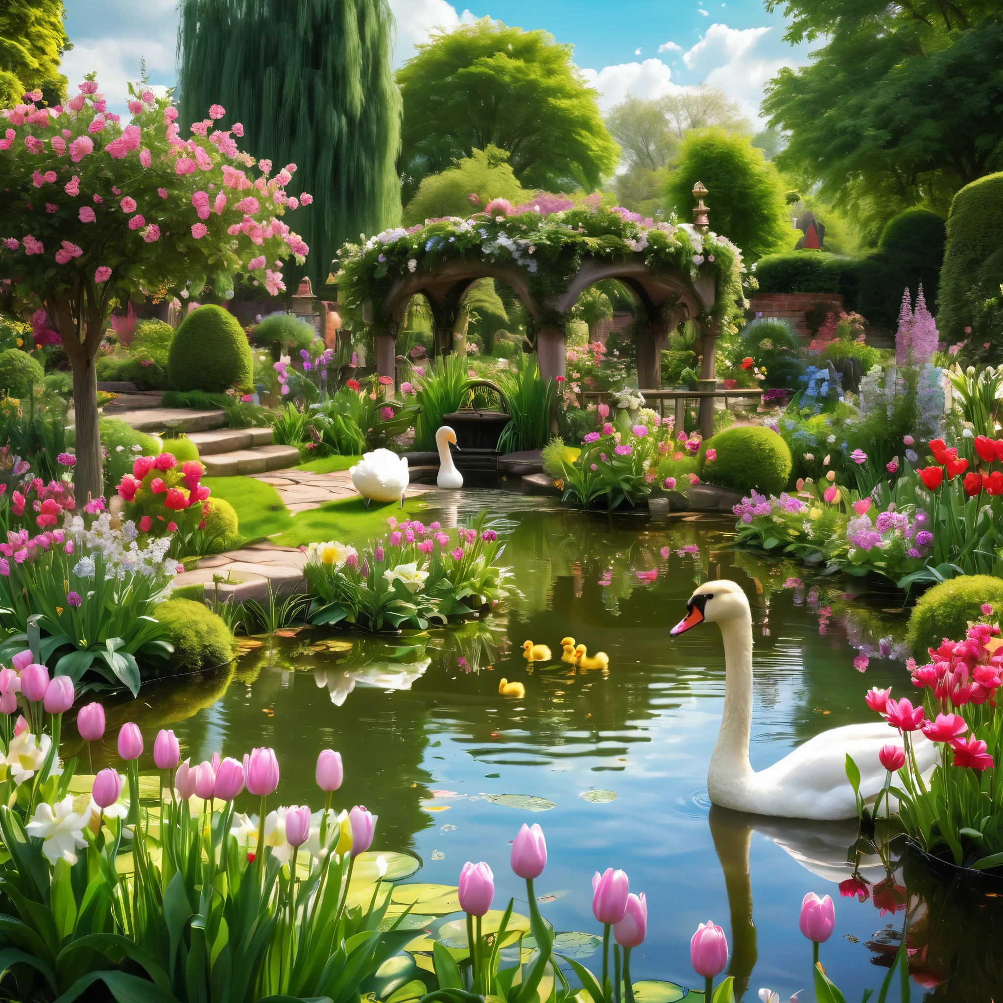 An image of an enchanting Easter garden, with blooming flowers and lush greenery surrounding a tranquil pond inhabited by graceful swans and playful ducklings, detailed, realistic, HD, trending on Artstation, in the style of John Constable, John William Waterhouse, and Claude Monet.