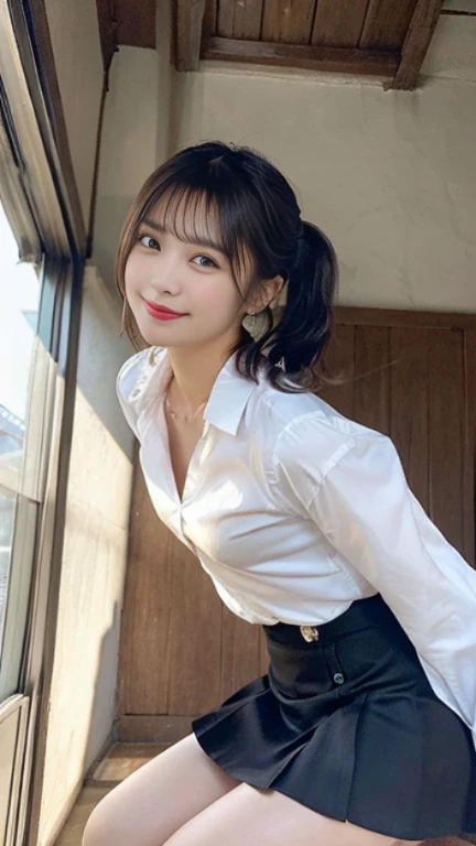 (highest quality,masterpiece:1.3,ultra high resolution),(Super detailed,caustics,8K),(realistic:1.4,RAW shooting),1 girl,(smile and look down at the camera),(front shot:1.1),(look forward),18-year-old,cute,Japanese,Black short ponytail,,glamorous,(small tits),( close),(chest focus),street,sunlight,Natural light,(Backlight),(A bright light shines from behind),(Lens flare),professional writing,(cowboy shot),(low position:1.3),(Low - Angle:1.3),mini skirt,spring fashion