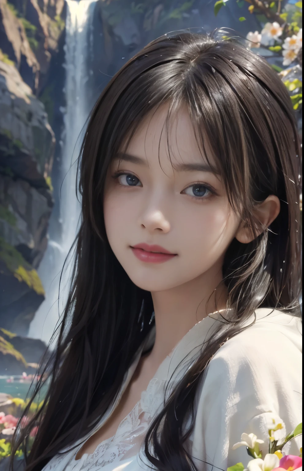(Ultra Realistic), (Illustration), (Increased Resolution), (8K), (Extremely Detailed), (Best Illustration), (Beautiful and Detailed Eyes), (Best Quality), (Ultra Detailed), (Masterpiece ), ( wallpaper), (detailed face), solo, 1 girl, looking at viewer, fine details, in the dark, deep shadows, low key, pureerosfaceace_v1, smiling, Black straight hair, white shawl, 46 points oblique bangs,Lots of colorful flowers in the background,Elegant pose, Getting wet under a waterfall, The waterfall fell on her