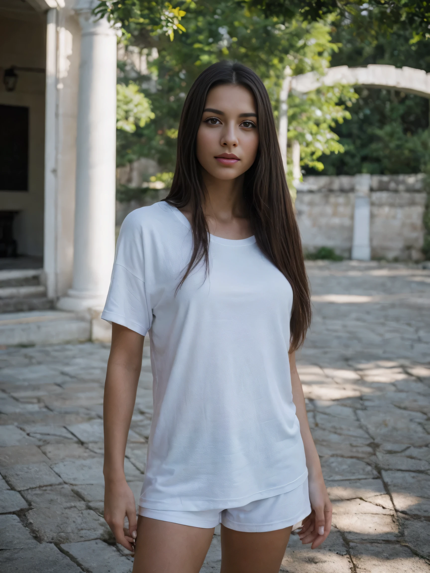 (Hyper-Realistic), (RAW Photography), ((best quality)), ((masterpiece)), (detailed), perfect face epiCRealLife, (8k, highest quality, ultra detailed:1.37), analog style, model photography style, RAW, Photo of a beautiful girl, Mexican greek, brunette, brunette hair, long straight hair, fair white skin, sexy pose, full body, no tattoos, intricate details, flawless face, naughty, WEARING A long t-shirt and sexy shorts, full body, ((photorealistic):1.2), raw. OUTDOORS