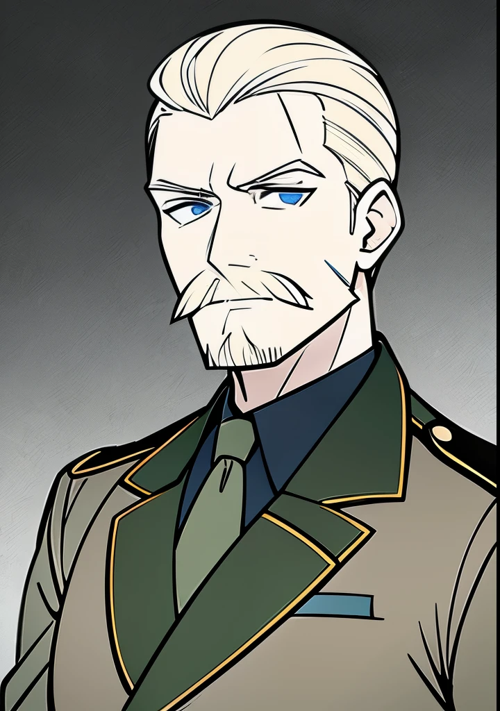 Young Adult male, white and tender skin, pale blonde slicked back combed short hair, kaisermustache and a ducktail beard, steel blue eyes, green and slightly mature, serious and emotionless facial expression,wearing world war 2 era german fatigues, portrait style, facing forwards