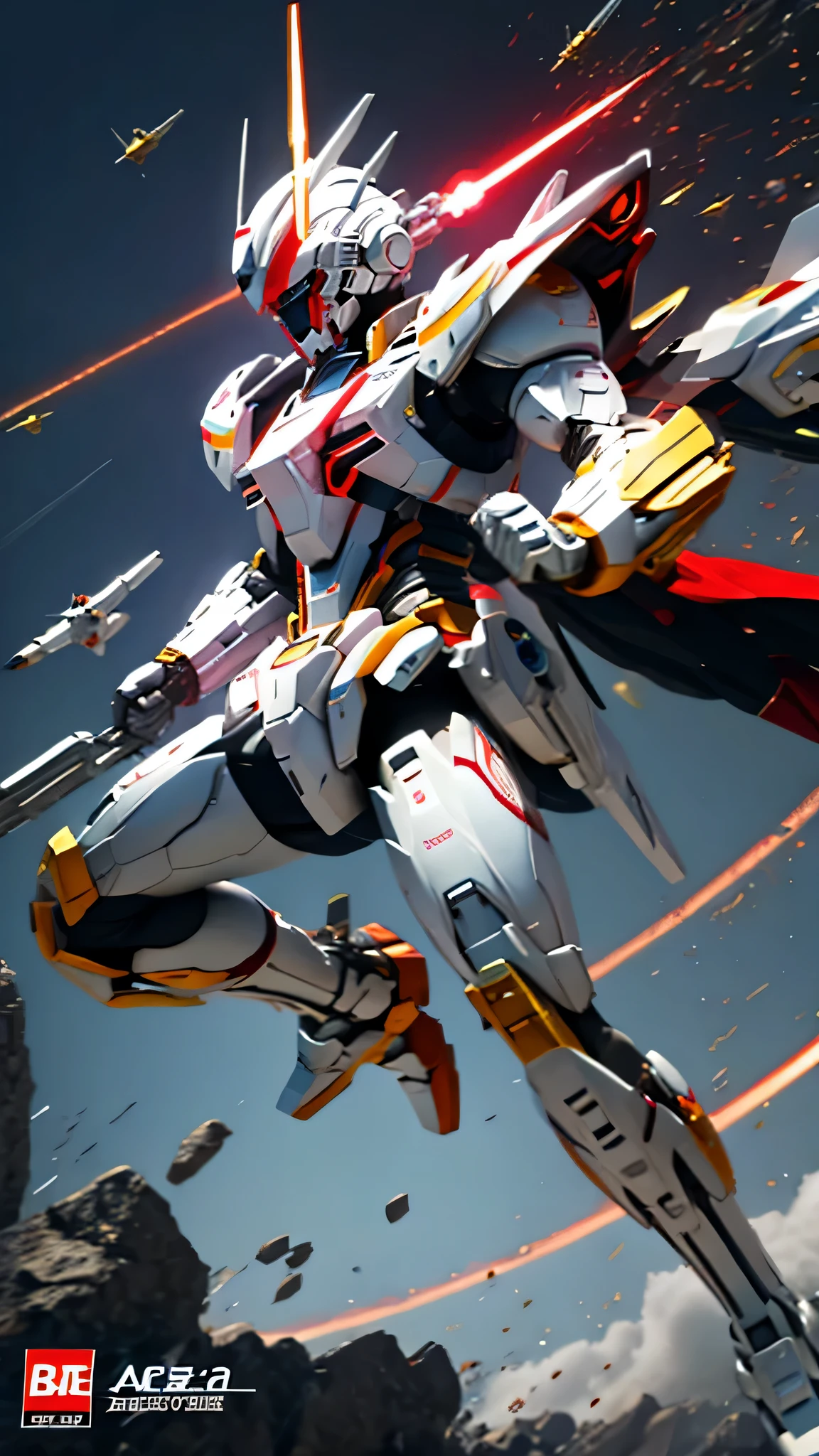 最high quality、best image quality、masterpiece、Mecha((white body、gold line、two black arms、two black legs、white backpack、Red shoulder、red glowing visor、With a beam saber、whole body missile、rifle、firing、finding、shining effect)),high quality、beautiful art、background((skyscraper city、battlefield))、Flight、debris flies、Depth of written boundary、movie、visual art、perfect art、8K,genuine、Dynamic Performance