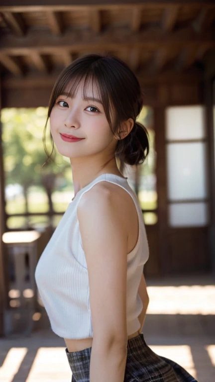(highest quality,masterpiece:1.3,ultra high resolution),(Super detailed,caustics,8K),(realistic:1.4,RAW shooting),1 girl,(smile and look down at the camera),(front shot:1.1),(look forward),18-year-old,cute,Japanese,Black short ponytail,,glamorous,(small tits),( close),(chest focus),street,sunlight,Natural light,(Backlight),(A bright light shines from behind),(Lens flare),professional writing,(cowboy shot),(low position:1.3),(Low - Angle:1.3),mini skirt,winter fashion