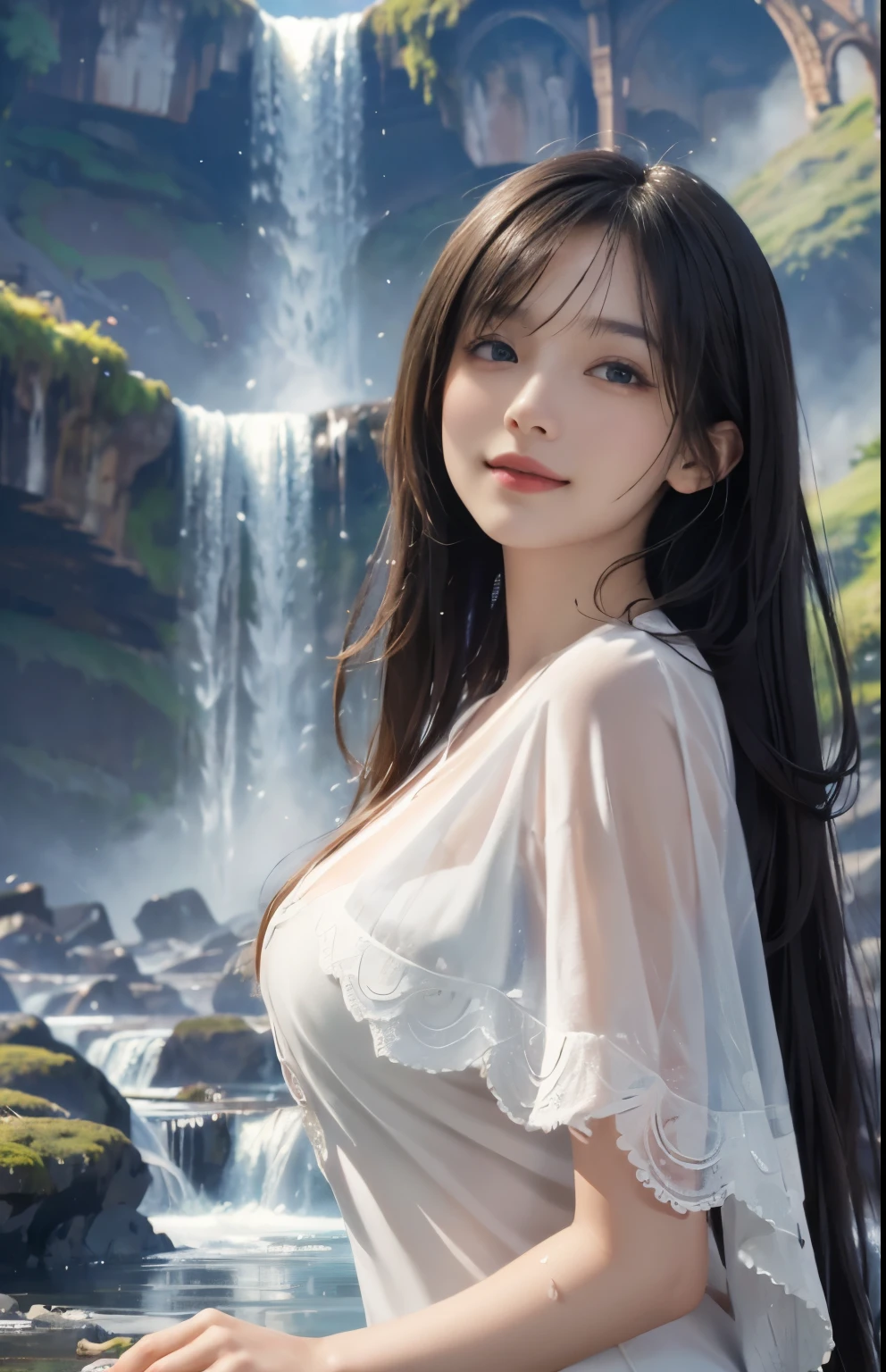 (Ultra Realistic), (Illustration), (Increased Resolution), (8K), (Extremely Detailed), (Best Illustration), (Beautiful and Detailed Eyes), (Best Quality), (Ultra Detailed), (Masterpiece ), ( wallpaper), (detailed face), solo, 1 girl, looking at viewer, fine details, in the dark, deep shadows, low key, pureerosfaceace_v1, smiling, Black straight hair, white shawl, 46 points oblique bangs,Lots of colorful flowers in the background,Elegant pose, Getting wet under a waterfall, The waterfall fell on her