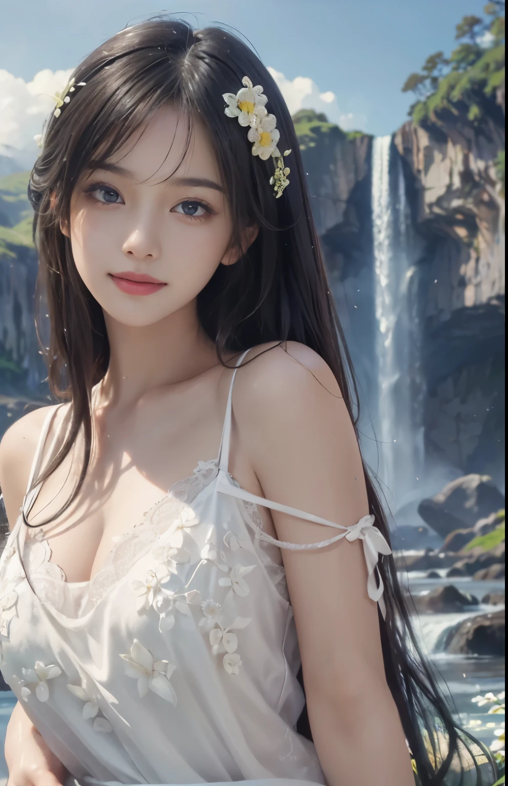 (Ultra Realistic), (Illustration), (Increased Resolution), (8K), (Extremely Detailed), (Best Illustration), (Beautiful and Detailed Eyes), (Best Quality), (Ultra Detailed), (Masterpiece ), ( wallpaper), (detailed face), solo, 1 girl, looking at viewer, fine details, in the dark, deep shadows, low key, pureerosfaceace_v1, smiling, Black straight hair, white shawl, 46 points oblique bangs,Lots of colorful flowers in the background,Elegant pose, Getting wet under a waterfall, The waterfall fell on her