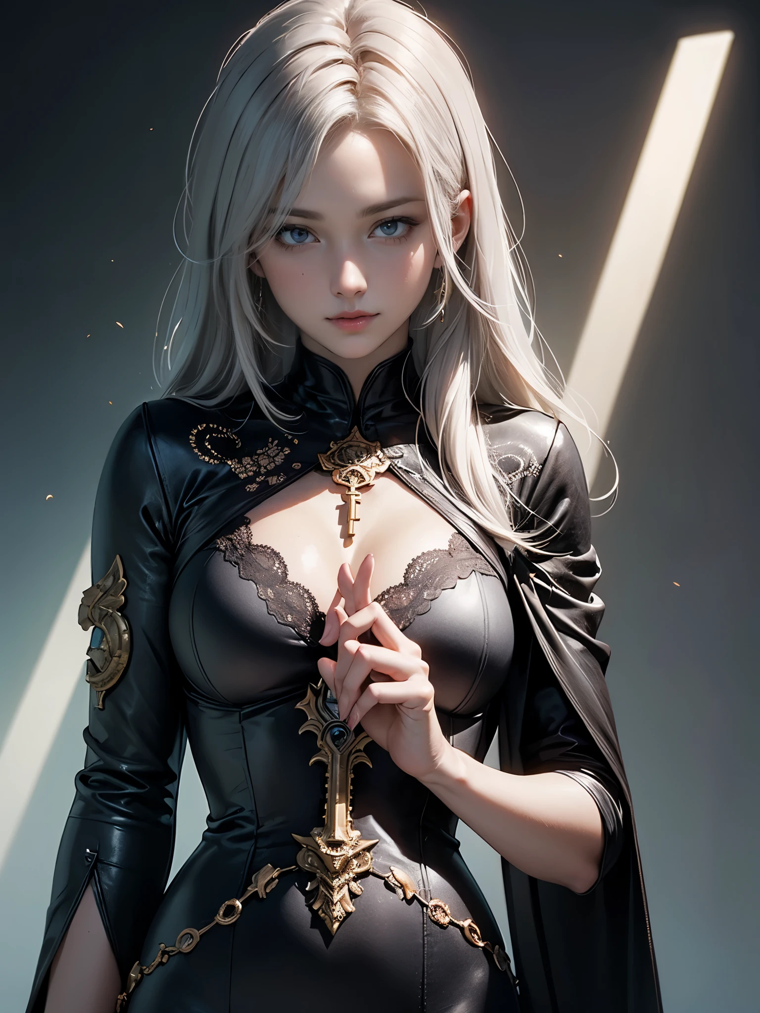 (front pin), (in the dark:1.6), surrealist woman portrait, upper body photo、fantasy art, photo-realistic, dynamic lighting, art station, poster, volume lighting, highly detailed face, 4k, Award history, 1 girl, in the dark, deep shadow, discreet key, cowboy shot, (official attire:1.4), long hair, gray hair、（anatomically correct）、（perfect body proportions)、 ((perfect hands))、 (((perfect fingers)))、(oily skin:1.5)、