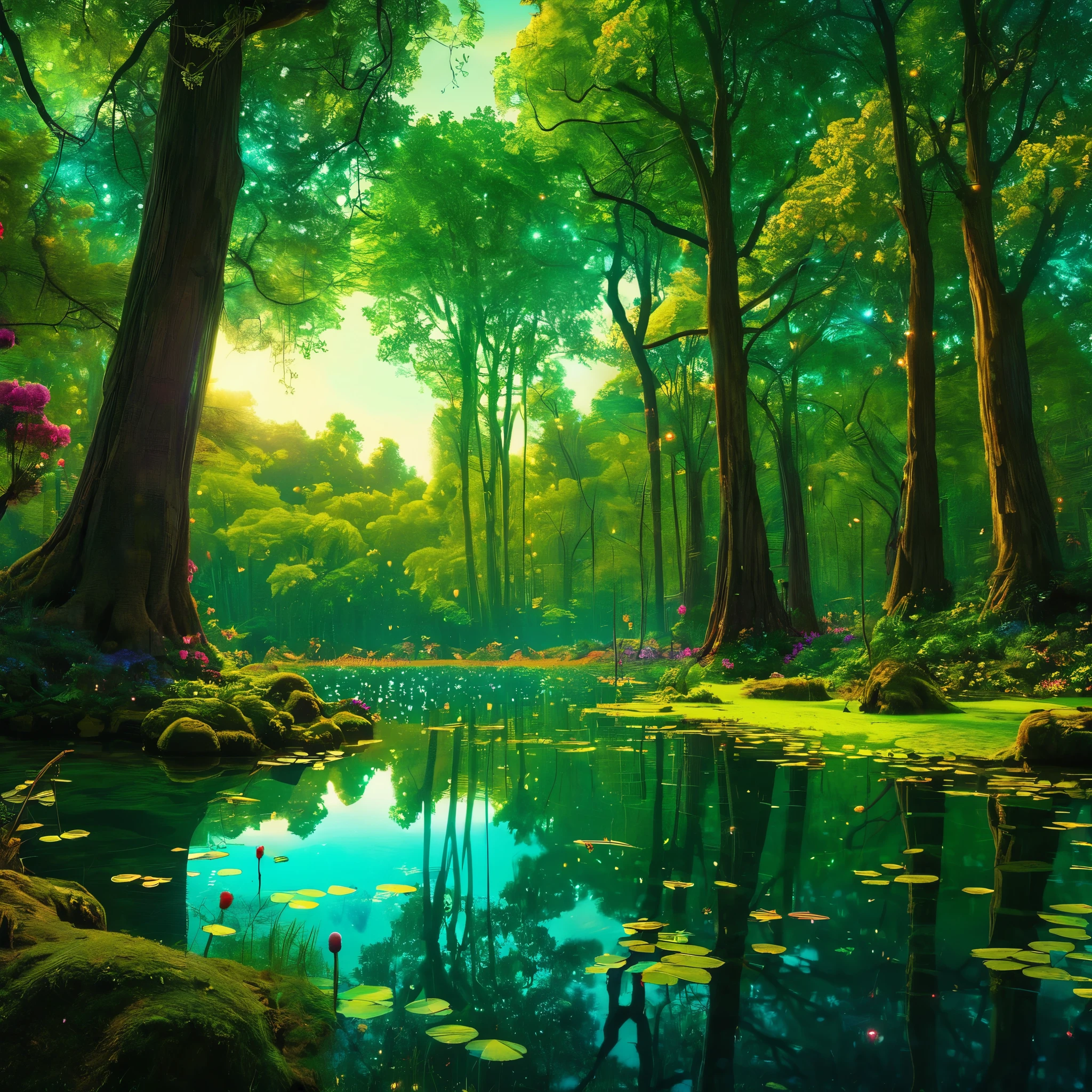 An image of a mystical Easter forest, with towering trees and shimmering ponds inhabited by fantastical creatures and glowing fireflies, detailed, realistic, HD, trending on Artstation, in the style of Maxfield Parrish, John William Waterhouse, and Thomas Cole.