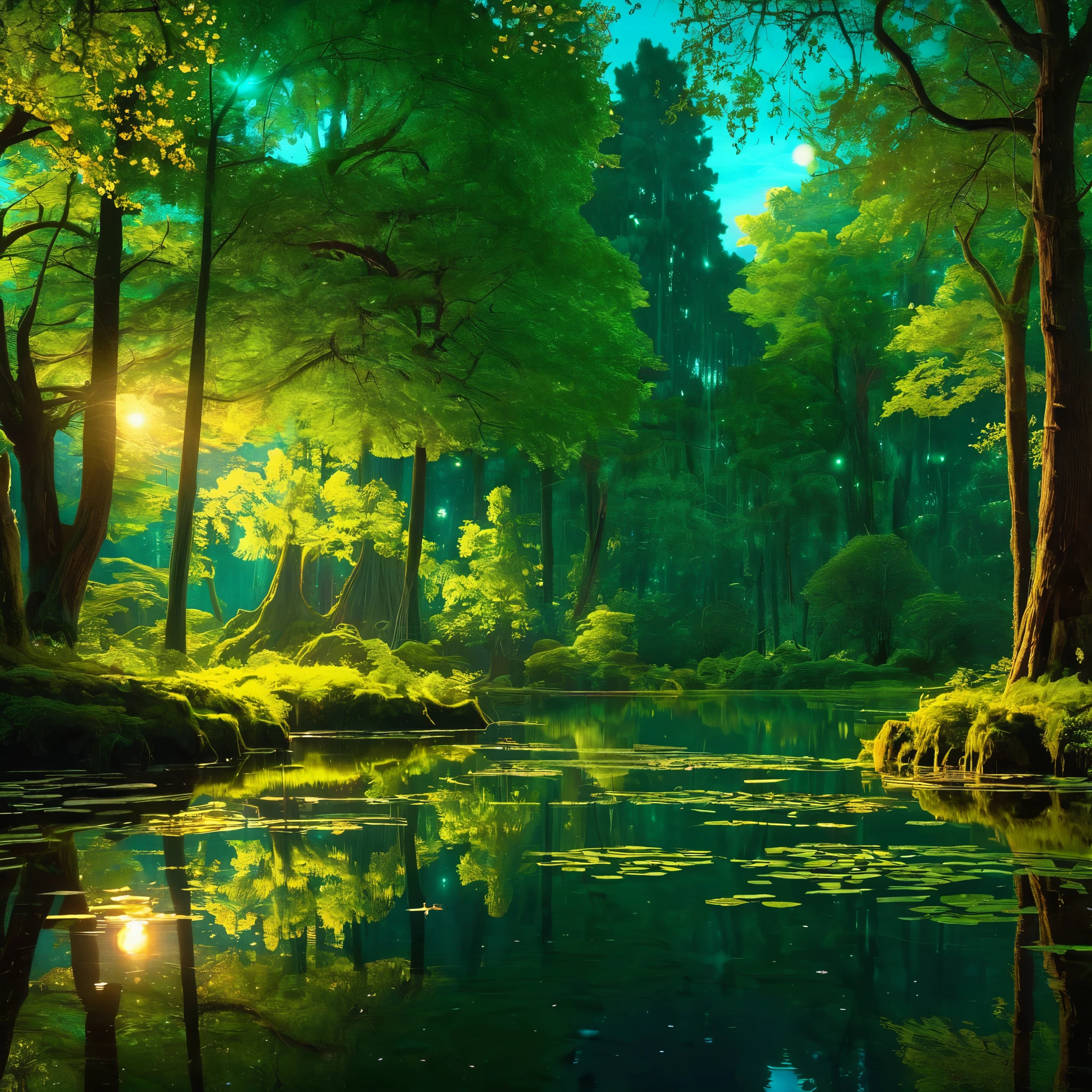 An image of a mystical Easter forest, with towering trees and shimmering ponds inhabited by fantastical creatures and glowing fireflies, detailed, realistic, HD, trending on Artstation, in the style of Maxfield Parrish, John William Waterhouse, and Thomas Cole.
