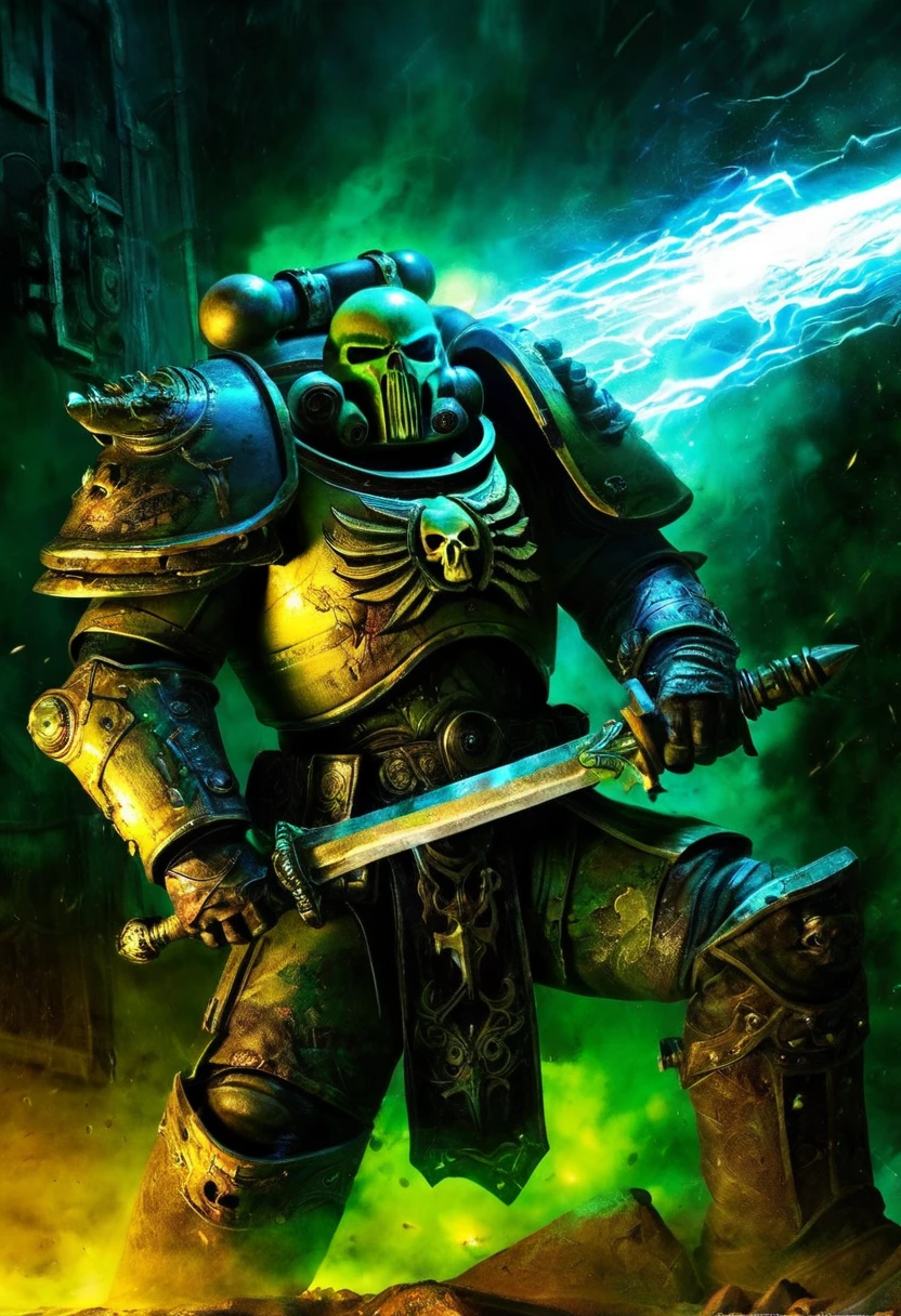 (best quality,ultra-detailed,realistic,highres,masterpiece:1.2),chaos space marine in warhammer 40k, [broken](colorful:0.9), holy reliquary, [reaching for](determined:1.1) the [Luminous chain sword](glowing:1.1), [solely lit](dimly lit:0.9) by the [sword's glow](luminous), [indicators on the marine](faintly lit), (eerie atmosphere,ominous), [ancient symbols](mystical:1.1), [dusty and aged](weathered) surroundings, [powerful armor](armored), [battle scars](battle-worn), [tension](intense), [sinister energy](dark:1.1), (contrasting shadows,subtle lighting), (action-packed, dynamic), [dystopian landscape](post-apocalyptic:1.1), [industrial elements](mechanical), [war-torn scene](destruction), (abandoned,desolate), [ominous aura](foreboding), vibrant [color palette](rich colors), [(distorted) reflections](mirrored), (aural chaos,sounds of battle,echoing footsteps), [epic confrontation](high stakes), [cascading sparks](electricity), [intense atmosphere](charged), explosive [visual effects](dramatic), [tense composition](balanced), [impressive details](intricate), [contrasting textures](variety of surfaces), (dramatic composition, dynamic angles), [ominous presence](menacing). Please note，The above prompt is exemplary，You can play as much as you want，Add or remove details，But please ensure overall high quality and consistency，and consistent with the given theme。