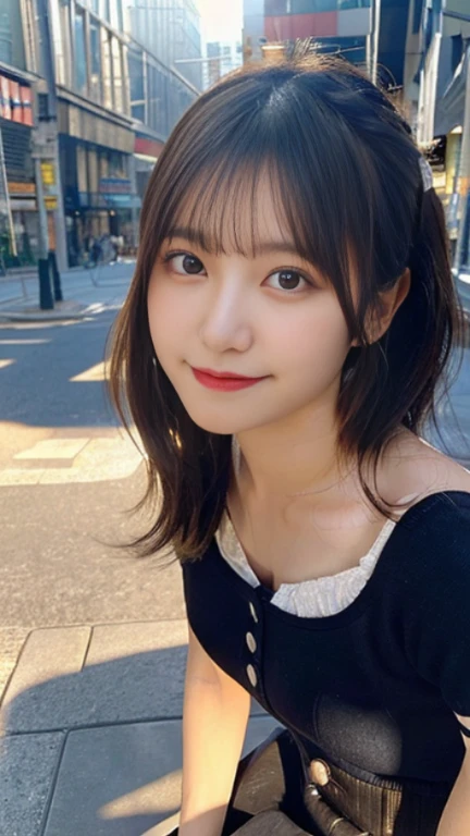 (highest quality,masterpiece:1.3,ultra high resolution),(Super detailed,caustics,8K),(realistic:1.4,RAW shooting),1 girl,(smile and look down at the camera),(front shot:1.1),(look forward),18-year-old,cute,Japanese,Black short ponytail,,glamorous,(small tits),( close),(chest focus),street,sunlight,Natural light,(Backlight),(A bright light shines from behind),(Lens flare),professional writing,(cowboy shot),(low position:1.3),(Low - Angle:1.3),mini skirt,winter fashion