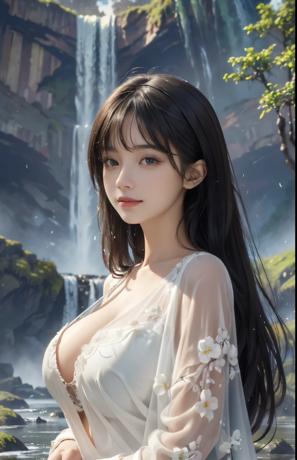 (Ultra Realistic), (Illustration), (Increased Resolution), (8K), (Extremely Detailed), (Best Illustration), (Beautiful and Detailed Eyes), (Best Quality), (Ultra Detailed), (Masterpiece ), ( wallpaper), (detailed face), solo, 1 girl, looking at viewer, fine details, in the dark, deep shadows, low key, pureerosfaceace_v1, smiling, Black straight hair, white shawl, 46 points oblique bangs,Lots of colorful flowers in the background,Elegant pose, Getting wet under a waterfall, The waterfall fell on her, plump breasts