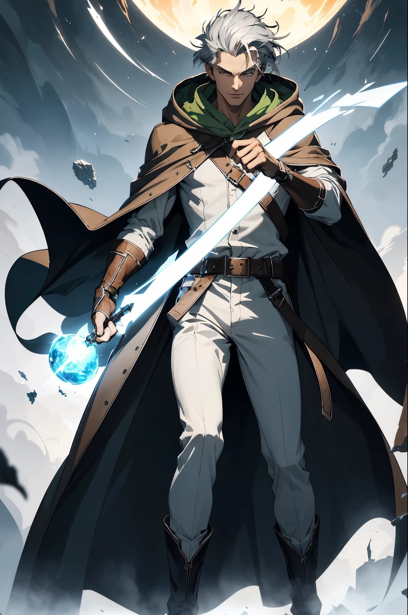 best quality, highres, ultra-detailed, tall man in his 20s, with gray hair and gray eyes, wearing a long cloak with a hood, green shorts, white shirt, brown boots, brown belt, blue gloves with a gem, striking a falling pose, fireball, vivid colors, concept artists. Full body