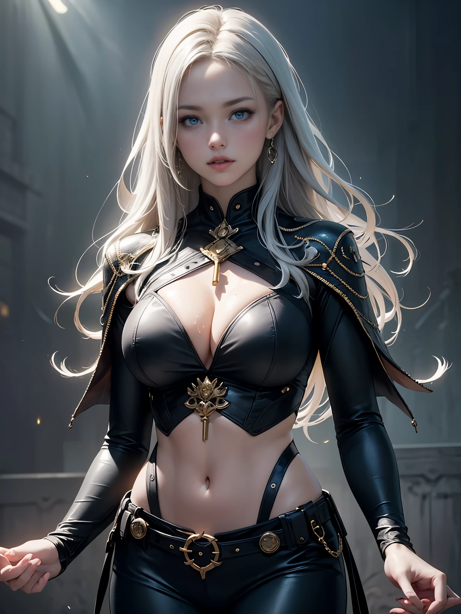 (front pin), (in the dark:1.6), surrealist woman portrait, upper body photo、fantasy art, photo-realistic, dynamic lighting, art station, poster, volume lighting, highly detailed face, 4k, Award history, 1 girl, in the dark, deep shadow, discreet key, cowboy shot, (official attire:1.4), long hair, gray hair、（anatomically correct）、（perfect body proportions)、 ((perfect hands))、 (((perfect fingers)))、(oily skin:1.5)、