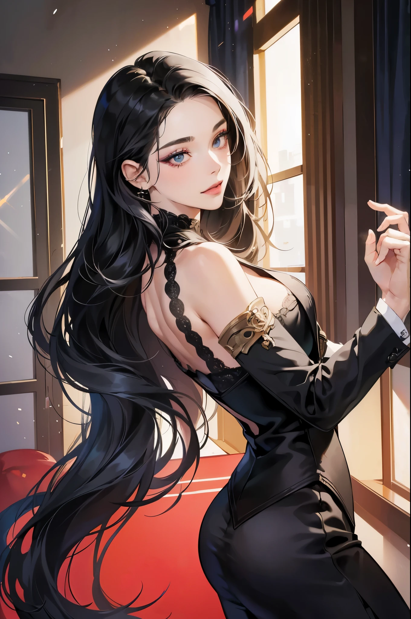 (table top, digital art, digital illustration, 4k, 8k, Superb details, beautiful picture, clear picture, realistic, raw photos, perfect face, perfect lines, perfect eyes, soft lighting) 1 female, (long black hair,straight hair,Bullish stare,beautiful woman,Hard makeup,Female, 23 years old,big breasts:1.7),secretary, Two handsome men in suits, (human,man in suit,stalwart,broad, stable shoulders,adult male,children's hairstyles,English gentleman'style,A man in his 30s with a cool demeanor,A 28-year-old man smiles brightly.:1.2),ห้องพักstyleตะวันตกที่สว่างสดใส、white wall、couple dancing、light、styleคันทรี่、kpop dance, Victoria, ยุคโรแมนติกVictoria, Fantasy, Dress