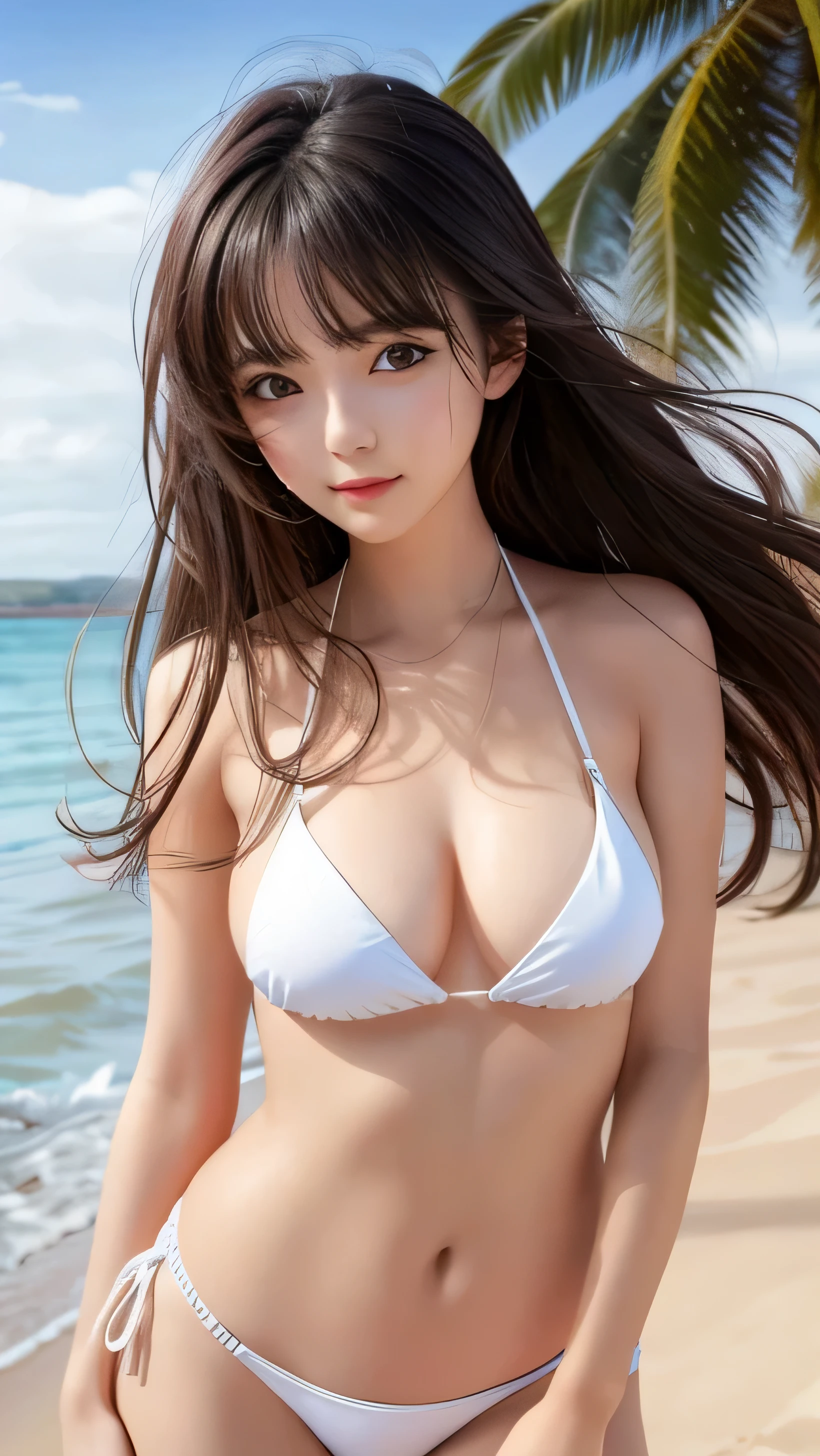 a woman in a bikini top standing on a beach next to the ocean, seductive girl, , kantai collection style, best girl, attractive beautiful girl, at the beach, beautiful girl, cute girl, smooth girl cg art, at a beach, in the beach, ecchi girl style, beautiful alluring woman