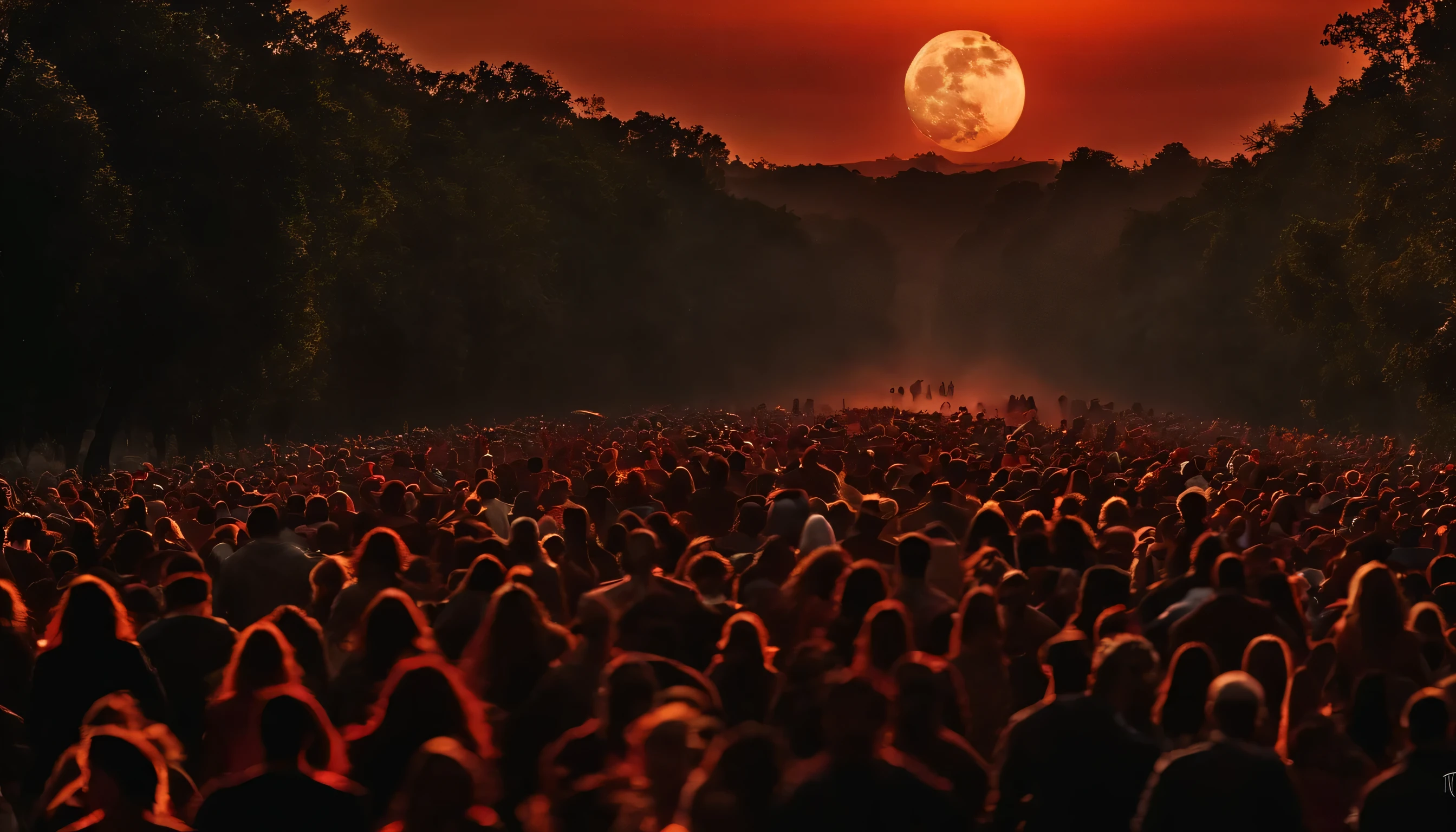 Generate an image of a crowd of people running scared, com roupas comuns, people are running away from the apocalypse, The sky is dark red, and the moon is in front of the sun