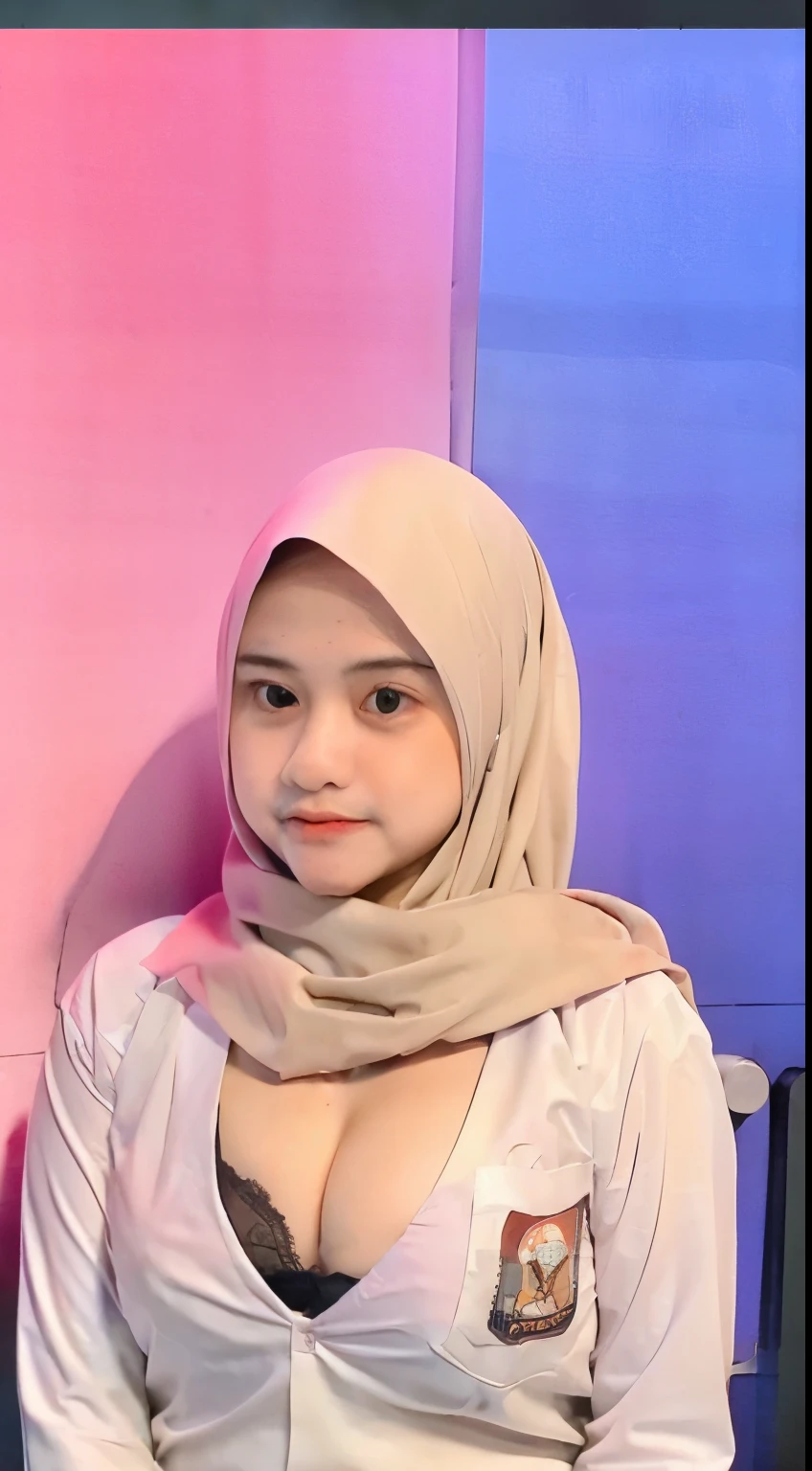 1 indonesian ijab girl, 18 years old, ((modern plain hijab)), shy, medium portrait, watery eyes, pink glowing particles, (((slim fit school uniform))), (((white uniform))),(((cleavage))),((big breasts)), pink light bokeh background, well-proportioned body, full body shot, (((thick body))),
(spread legs:1.2)(lie down:0.8)