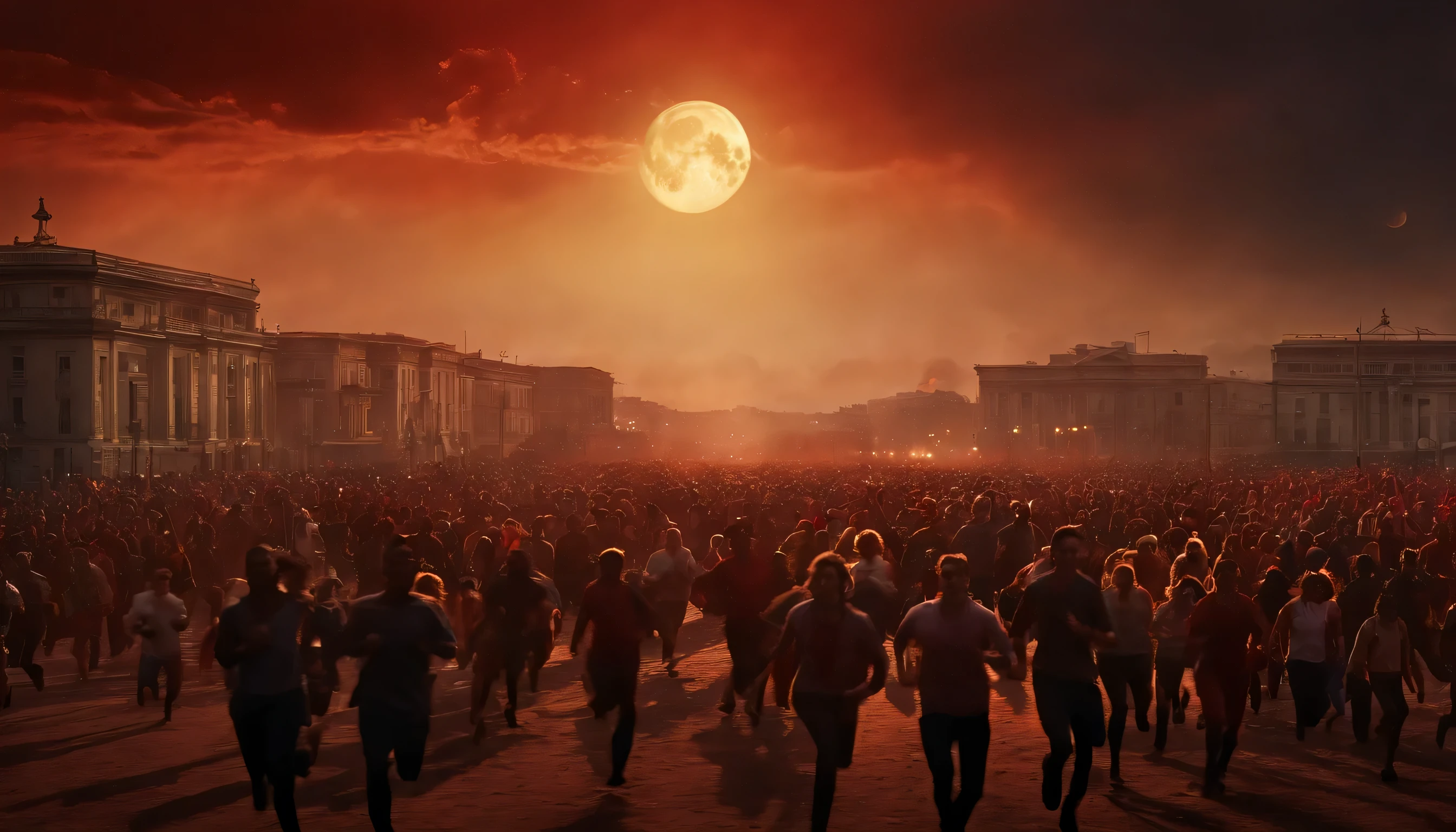 Generate an image of a crowd of people running scared, com roupas comuns, people are running away from the apocalypse, The sky is dark red, and the moon is in front of the sun