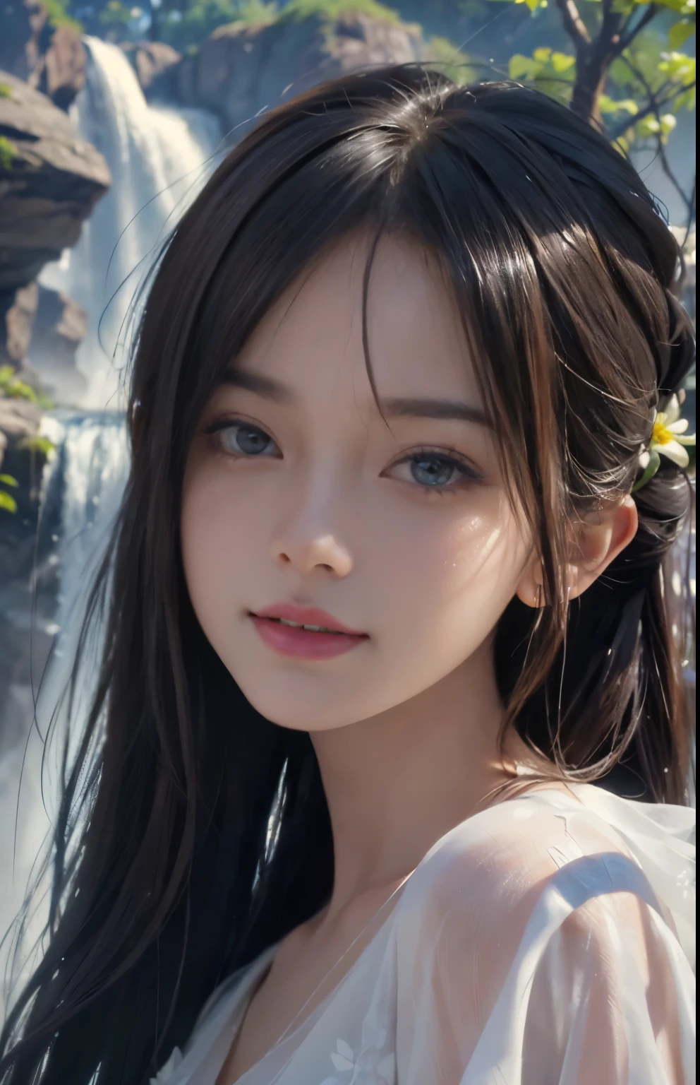 (Ultra Realistic), (Illustration), (Increased Resolution), (8K), (Extremely Detailed), (Best Illustration), (Beautiful and Detailed Eyes), (Best Quality), (Ultra Detailed), (Masterpiece ), ( wallpaper), (detailed face), solo, 1 girl, looking at viewer, fine details, in the dark, deep shadows, low key, pureerosfaceace_v1, smiling, Black straight hair, white shawl, 46 points oblique bangs,Lots of colorful flowers in the background,Elegant pose, Getting wet under a waterfall, The waterfall fell on her