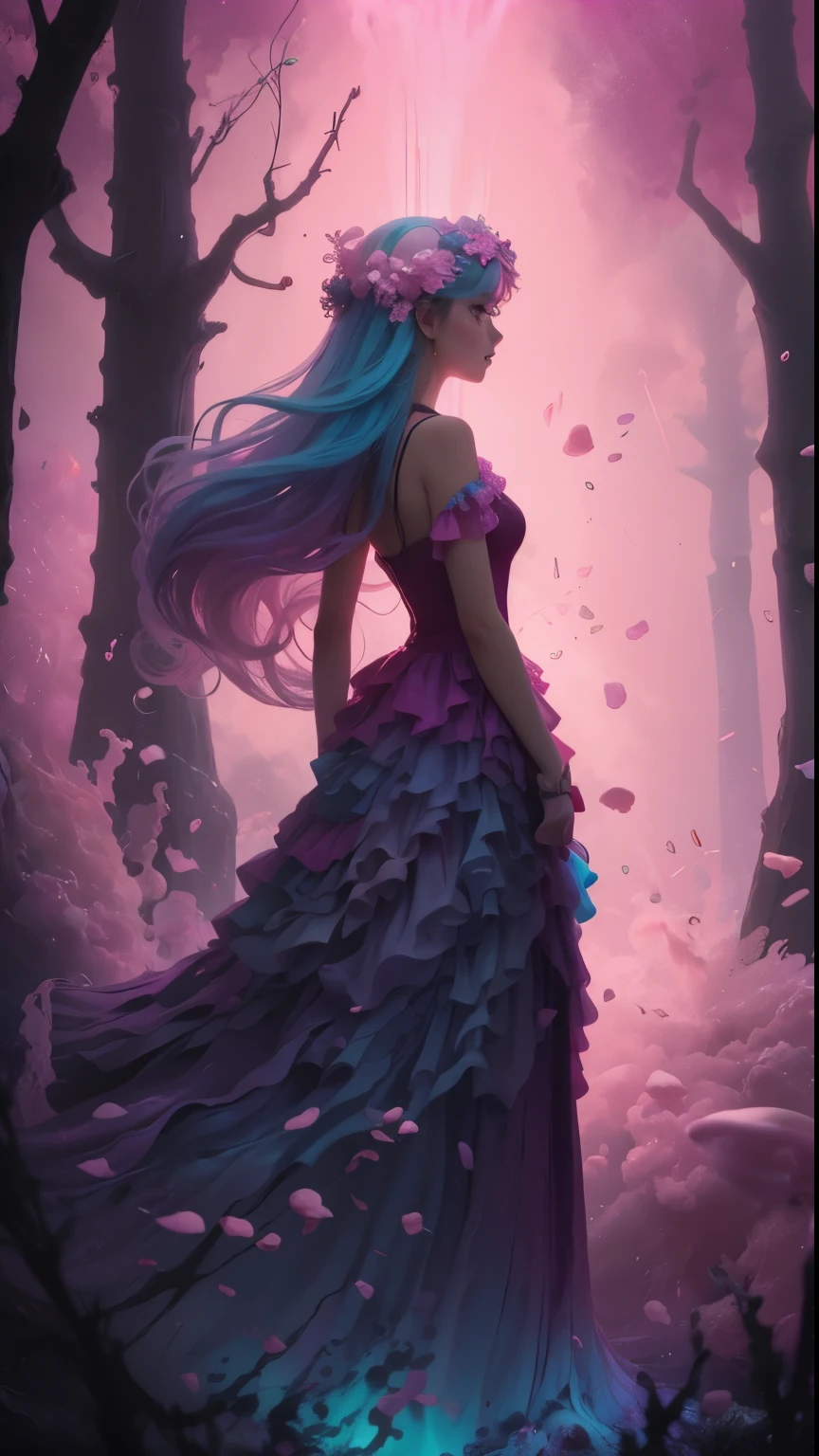 exploding colored powder, exploding pink multicolored marshmallows of fun and multicolor, colored paint explosive splashes, harmonic waves, jellyfish, colored bioluminescent distorted mushrooms