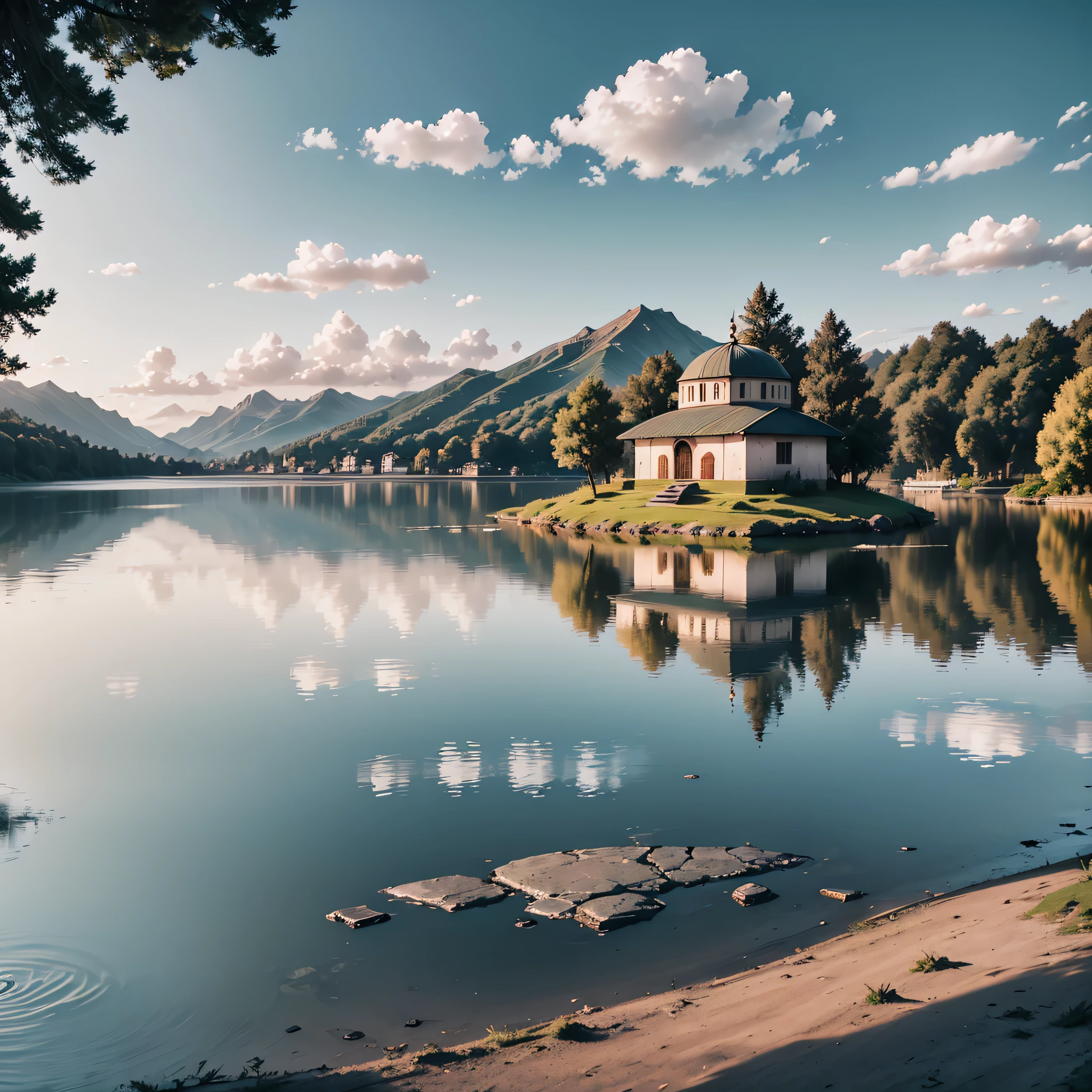 small mosque on an island in the middle of a clear lake, trees on the edge of the lake and around the mosque, around the lake there are hills, with an afternoon atmosphere, a clear evening sky, high resolution, super hd
