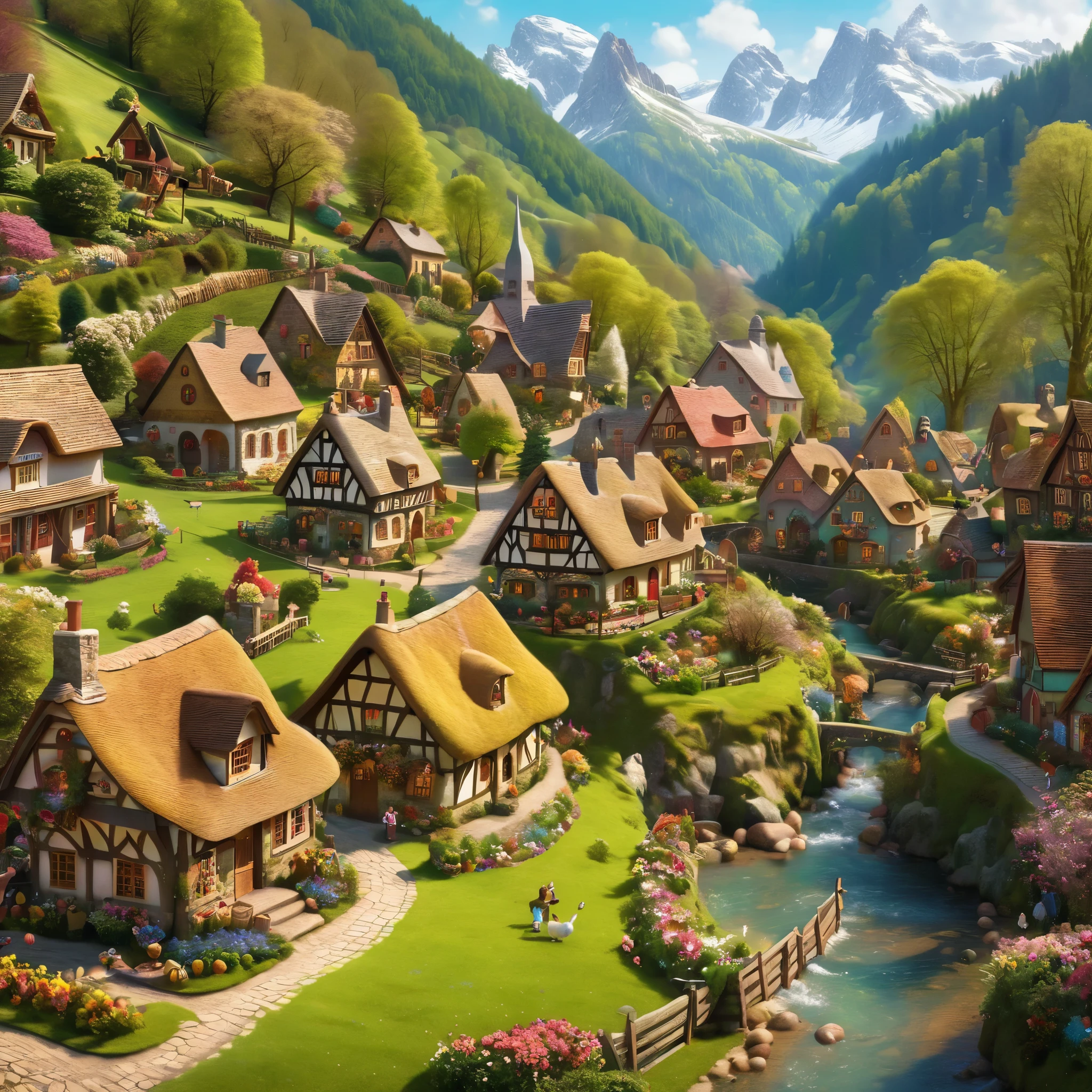 An image of a charming Easter village nestled in a picturesque valley, with quaint cottages adorned with springtime decorations and villagers celebrating with music and dance, detailed, realistic, HD, trending on Artstation, in the style of Thomas Kinkade, Pieter Bruegel the Elder, and Norman Rockwell.