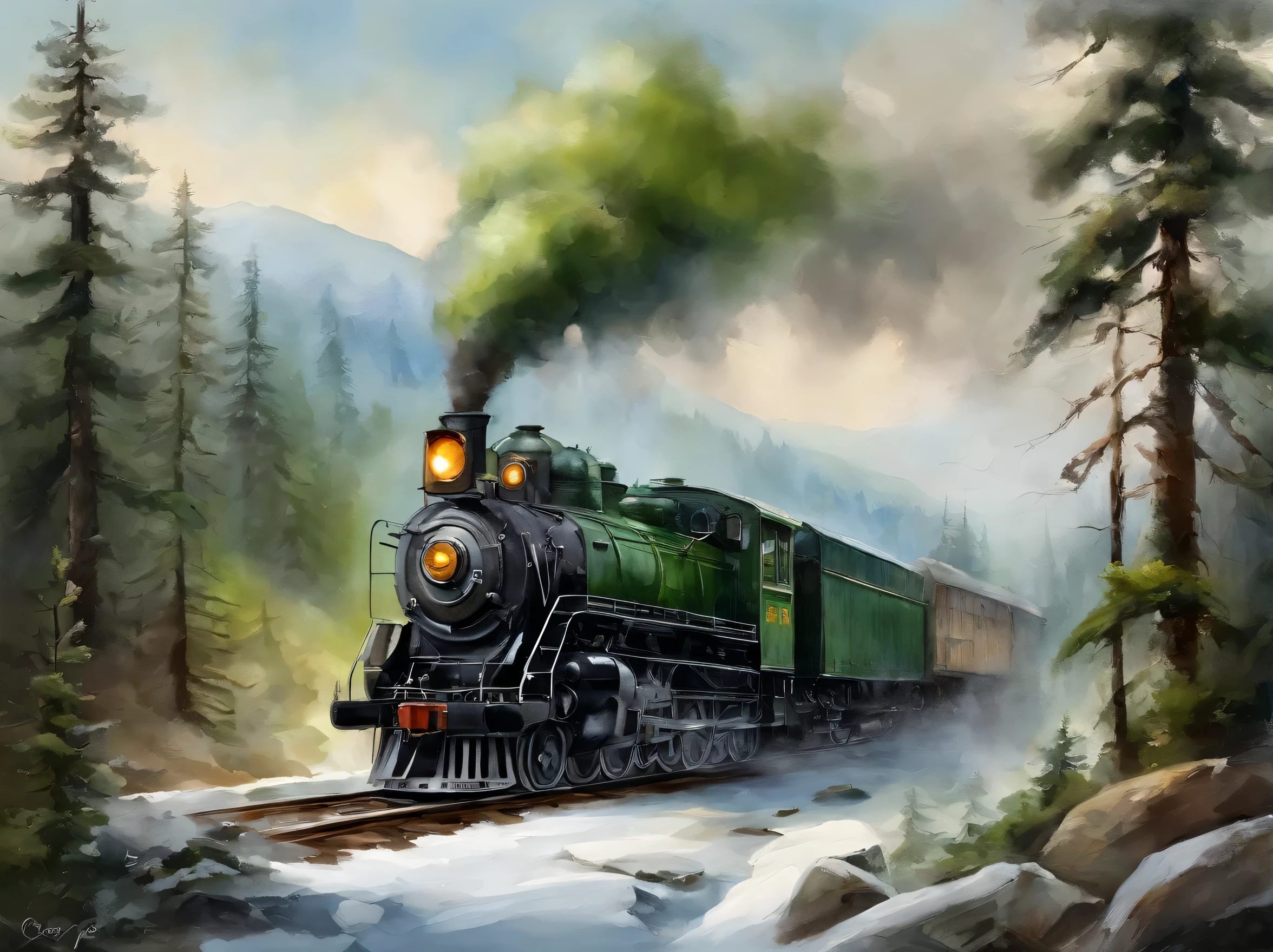 An old steam freight train((double track railway))Travel through dense Siberian forests,The distant scenery includes towering snow-capped mountains,Dense forest in foreground,tall trees。This scene captures lush greenery,pines and cypresses。watercolor art(Toshiyuki Abe’s style),Resolution is 8K,diagonal composition。The artistic style is a depiction of nature,Emphasize the ancient and delicate details of the trees,Vibrant dark green,light green,dark blue tint。medium shot,soft warm light,It creates an atmosphere of tranquility and mystery。