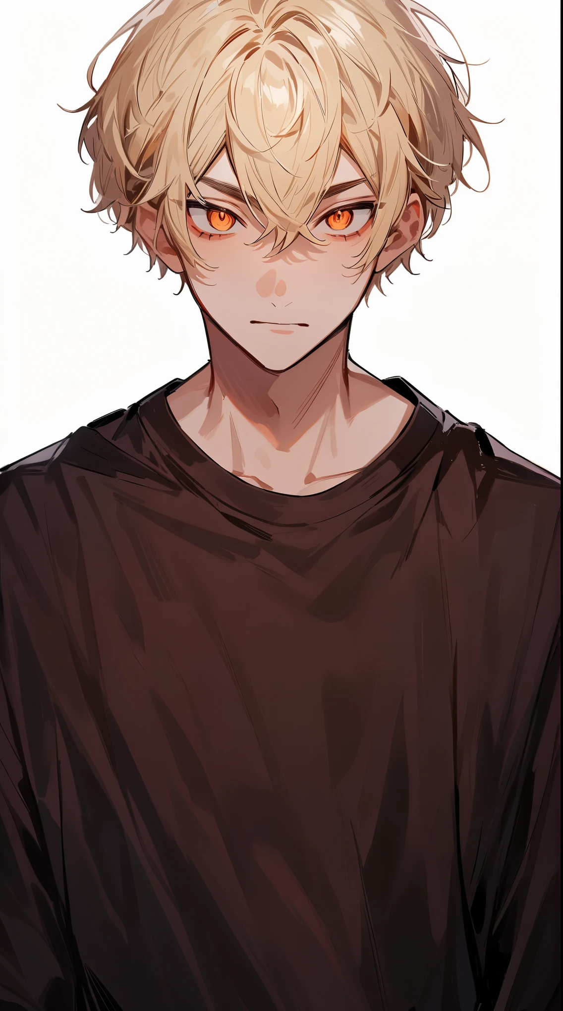 Beautiful young man, 19 years old, with puratina blonde hair, short hair, orange eyes, White background, standing picture, and slanted pupils,high quality, amount of drawing, pixiv illustration