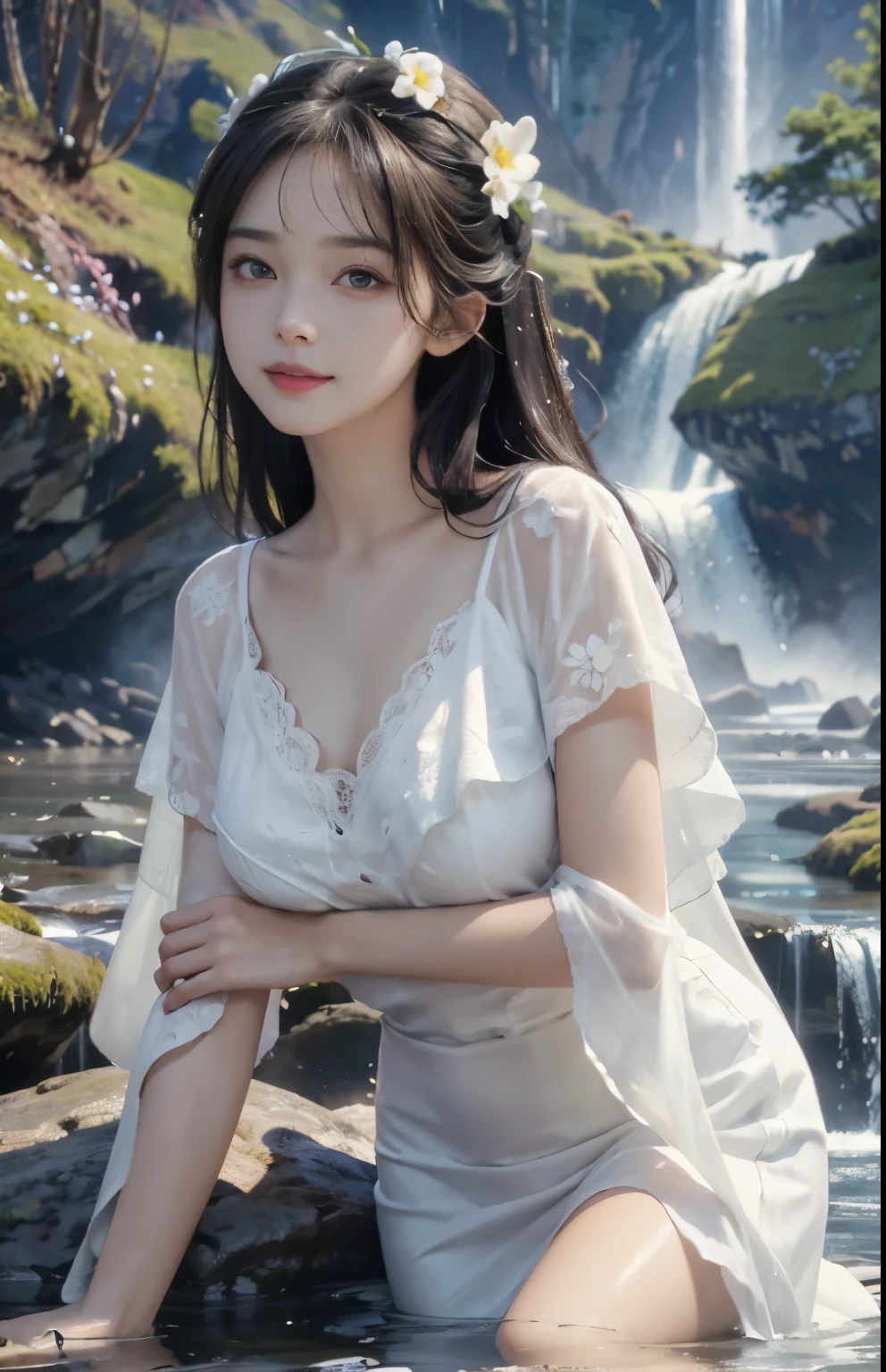 (Ultra Realistic), (Illustration), (Increased Resolution), (8K), (Extremely Detailed), (Best Illustration), (Beautiful and Detailed Eyes), (Best Quality), (Ultra Detailed), (Masterpiece ), ( wallpaper), (detailed face), solo, 1 girl, looking at viewer, fine details, in the dark, deep shadows, low key, pureerosfaceace_v1, smiling, Black straight hair, white shawl, 46 points oblique bangs，Lots of colorful flowers in the background，Elegant pose, Getting wet under a waterfall, The waterfall fell on her