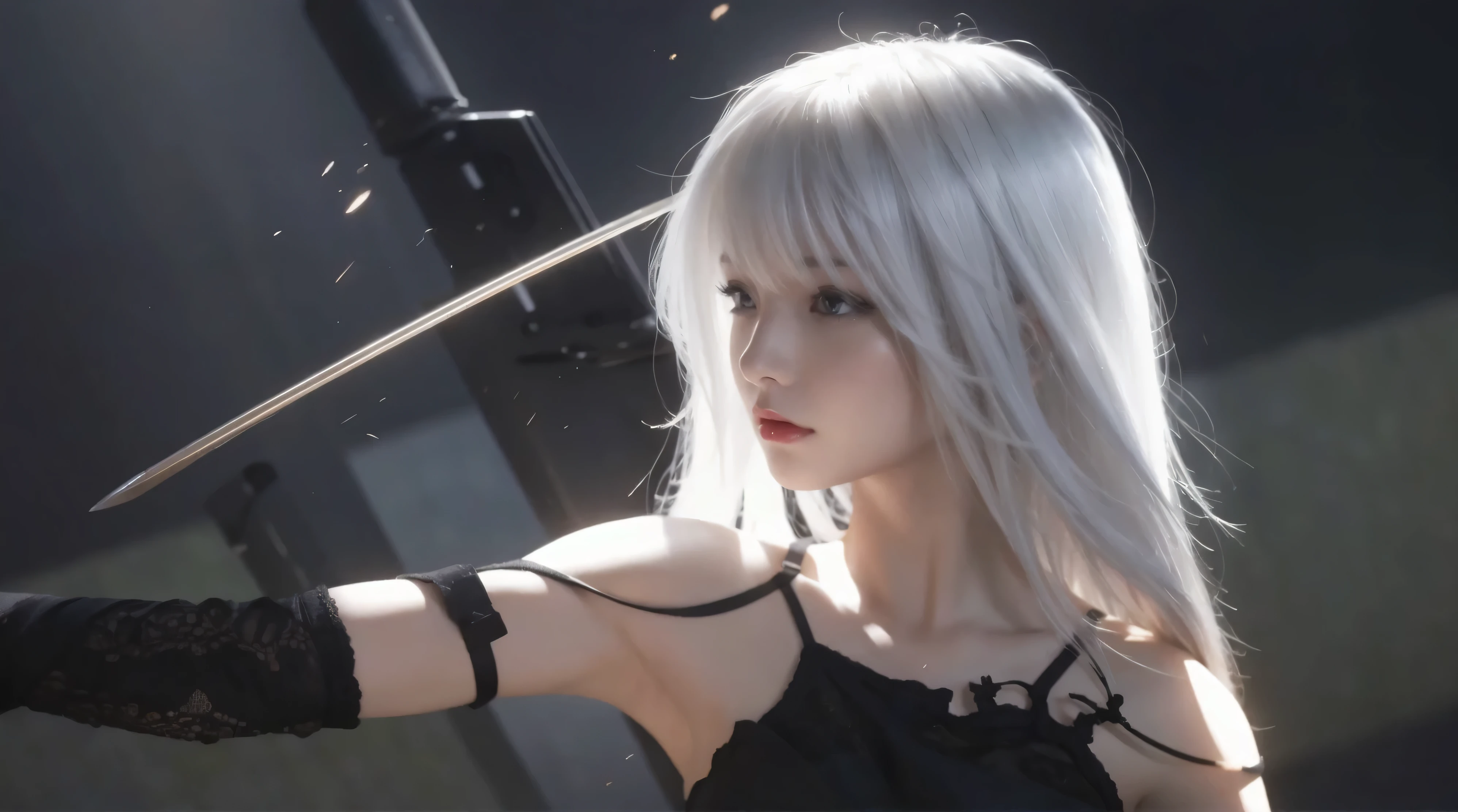 realistic, photorealistic, 1 person,girl, YoRHa,Type A,Number 2, black sports bra,green background, hair between eyes, High resolution, NieR (series), NieR automata, red lips, face with shadow, short hair, alone, Upper body, silver hair, blue sky,looking at camera,carrying a big sword,sexy pose