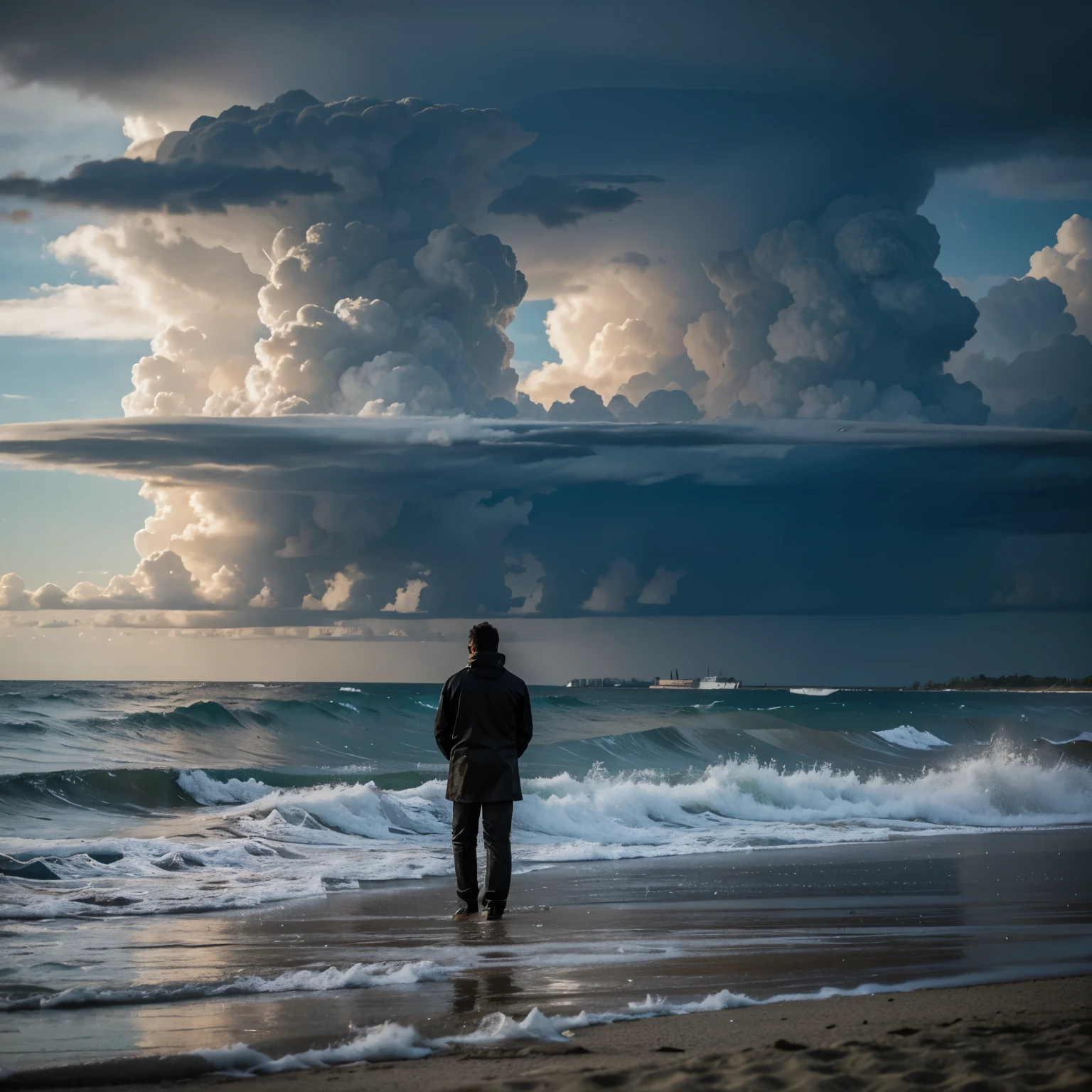 A guy alone at the beach in the middle of a storm