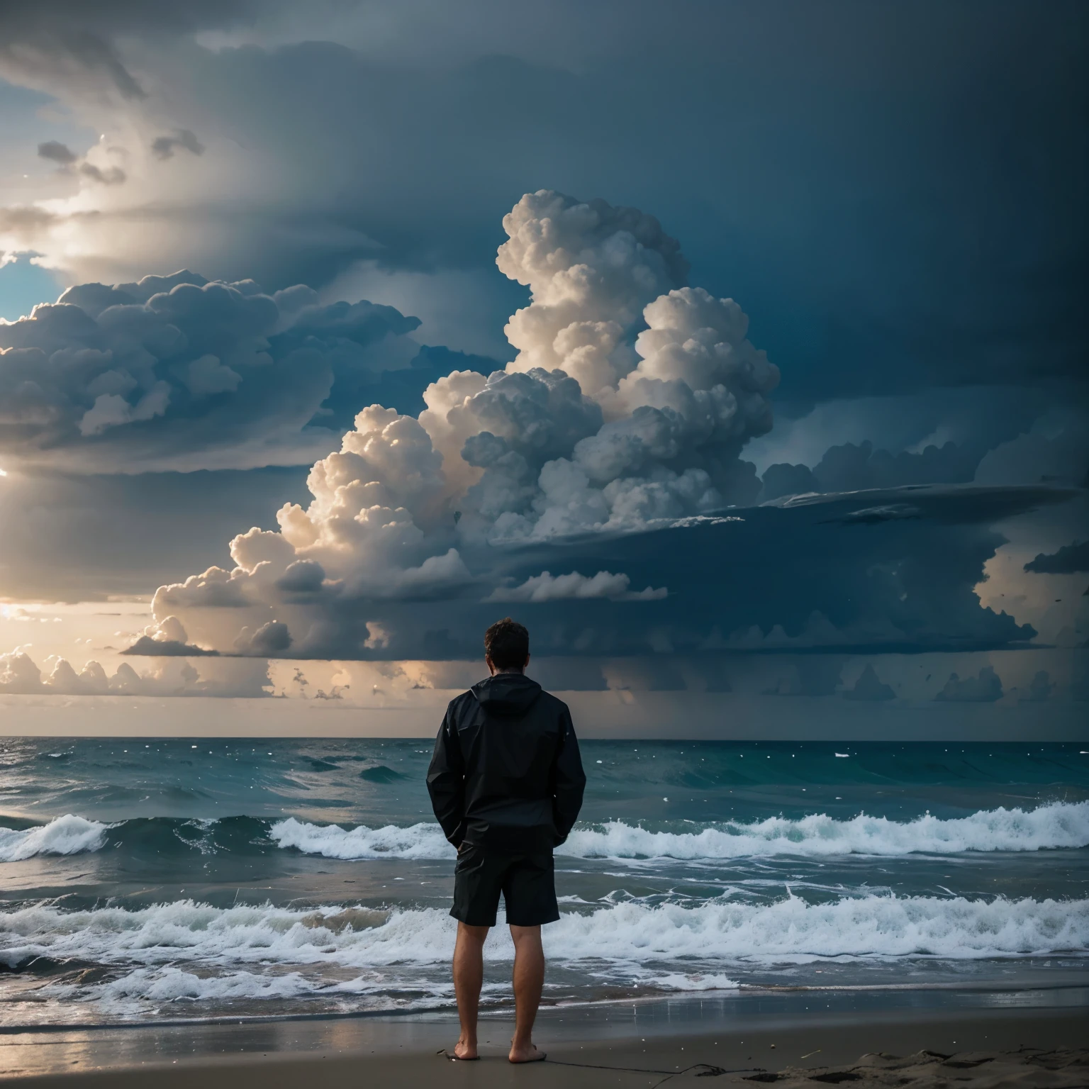 A guy alone at the beach in the middle of a storm