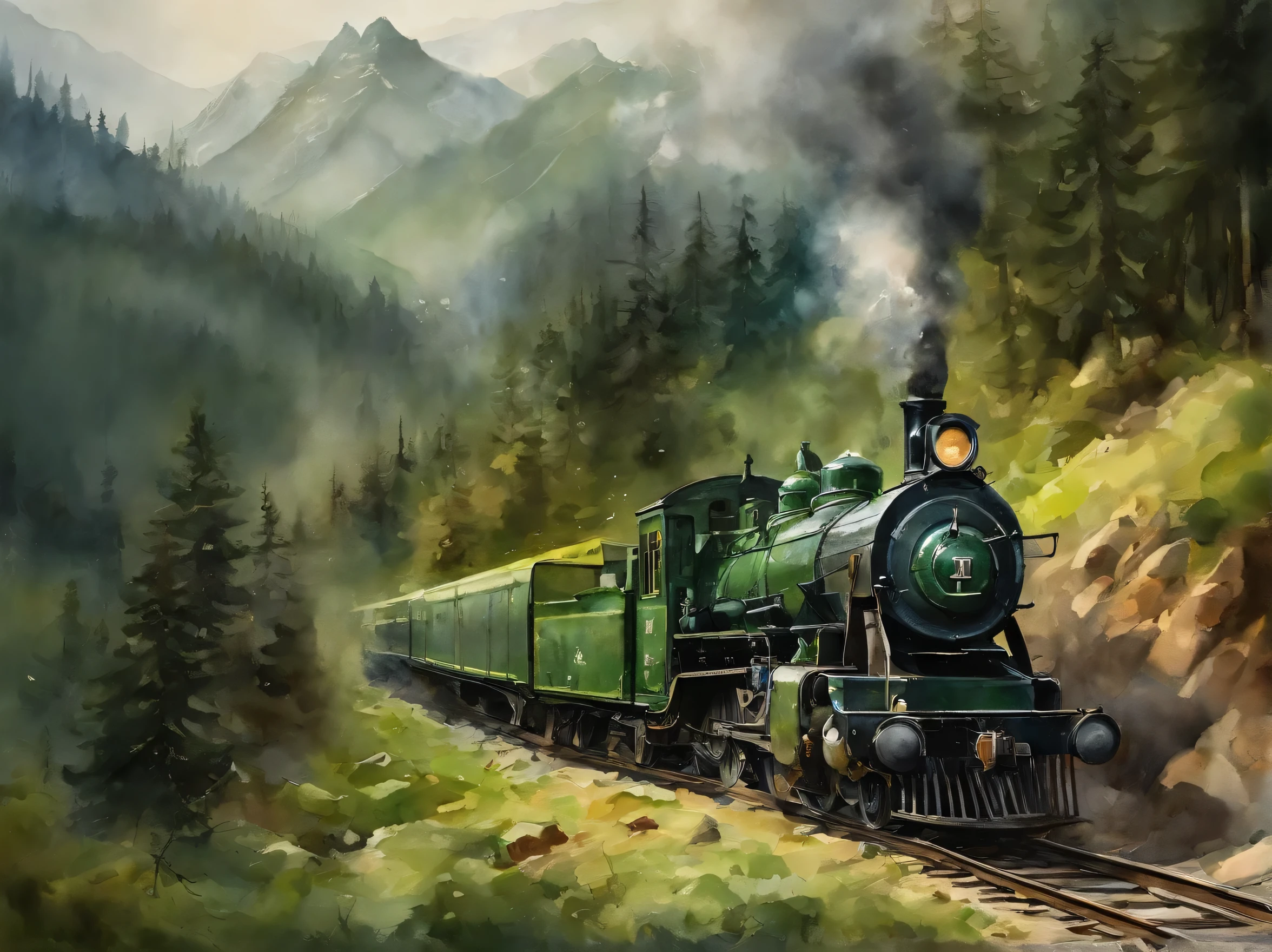 An old steam freight train（(double track railway)）Travel through dense Siberian forests，The distant scenery includes towering snow-capped mountains，Dense forest in foreground，tall trees。This scene captures lush greenery，pines and cypresses。watercolor art（Toshiyuki Abe’s style)，Resolution is 8K，diagonal composition。The artistic style is a depiction of nature，Emphasize the ancient and delicate details of the trees，Vibrant dark green,light green,dark blue tint。medium shot，soft warm light，It creates an atmosphere of tranquility and mystery。