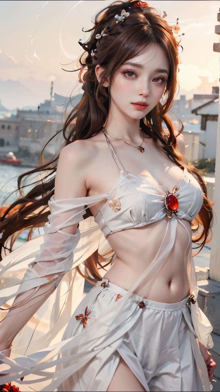 Modify hair only、Face）White clothes，chiffon，Nudity looms，Reddish-brown hair，curls，ponytail，Nice bun，Perfect hairstyle，red headdress，red eyes，red eye，red pupils，Delicate and detailed eyes，clear eyes，Red eyes，huge ，Navel exposed，Beautiful gemstone necklace，Smile，seaside，flowers，Extremely detailed CG unified 8K wallpaper，（high dynamic range：1.4），（），（pastel colors，dim colors，soothing tones： 1.3）blurred background