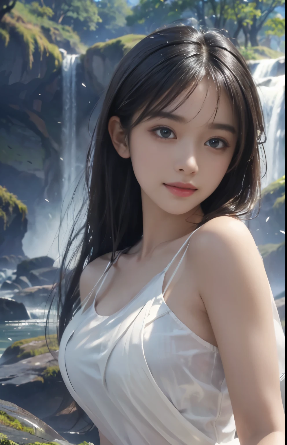15 years old、woman、whole body、Evil Smiley Face, Red eyes, Iris, Small breasts、Wet white robes、waterfall
