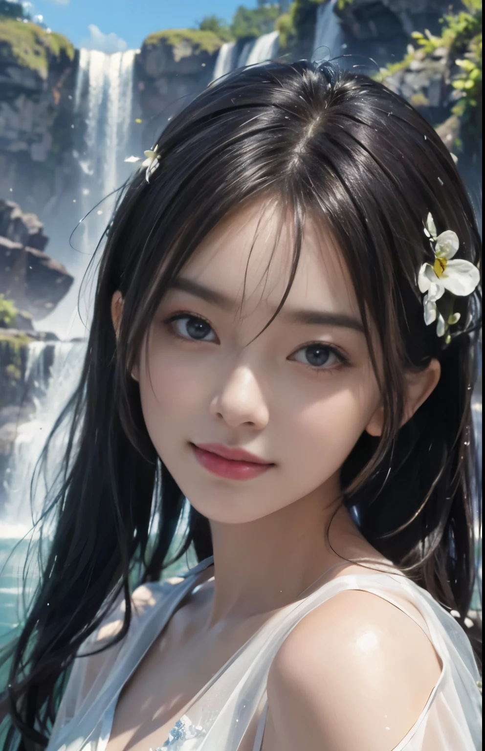 (Ultra Realistic), (Illustration), (Increased Resolution), (8K), (Extremely Detailed), (Best Illustration), (Beautiful and Detailed Eyes), (Best Quality), (Ultra Detailed), (Masterpiece ), ( wallpaper), (detailed face), solo, 1 girl, looking at viewer, fine details, in the dark, deep shadows, low key, pureerosfaceace_v1, smiling, Black straight hair, white shawl, 46 points oblique bangs，Lots of colorful flowers in the background，Elegant pose, Getting wet under a waterfall, The waterfall fell on her