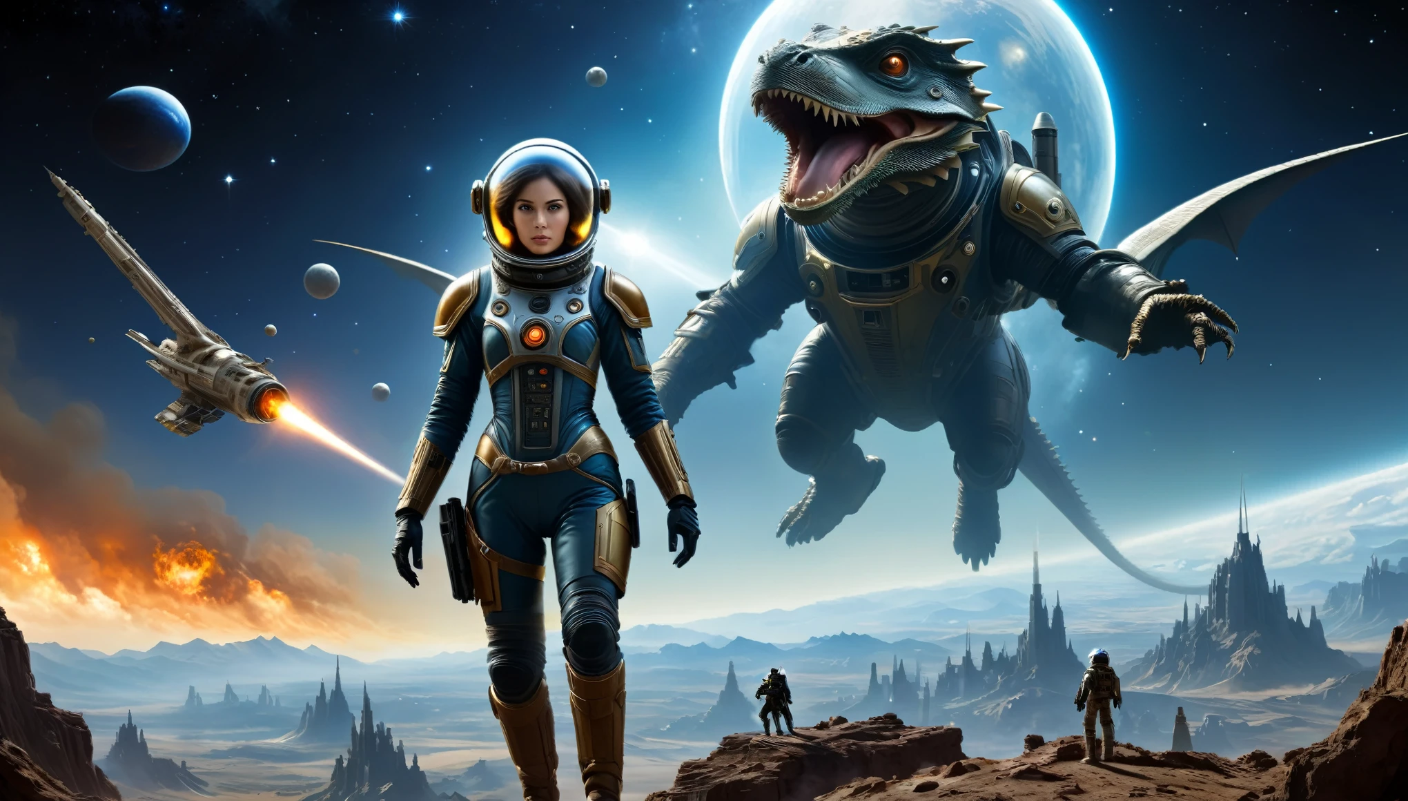 cinematic scene, superrealism, a woman in a glass spacesuit, uses a blaster in a battle with a glass flying dragon, on the surface of a terrible planet, in the background another large spaceship, an epic scene, battle, war, a mystical Martian city in the steampunk style is visible, even further away unusual inhabitants and another flying dragon are visible, a mystical environment, a sky full of bright multi-colored stars and satellites, an image in the style of Augustus Edwin Mulready, soft studio lighting, ultra-detailed backgrounds, ultra-high resolution, ultra-high quality.