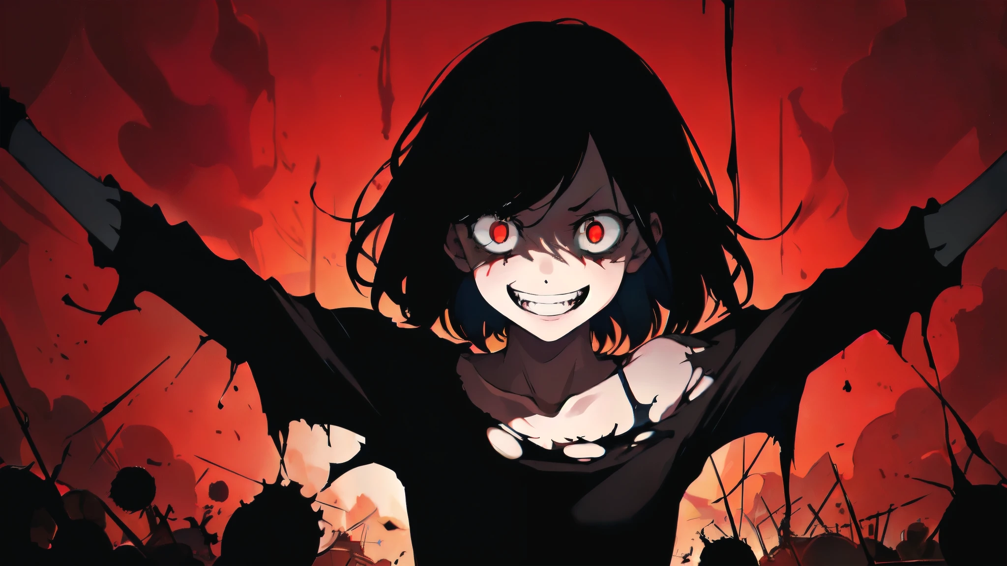 1 girl, (torn clothes:1.1), cinematic lighting, dark, Shadow, red background, (crazy smile,constricted pupils, little pupil:1.2),