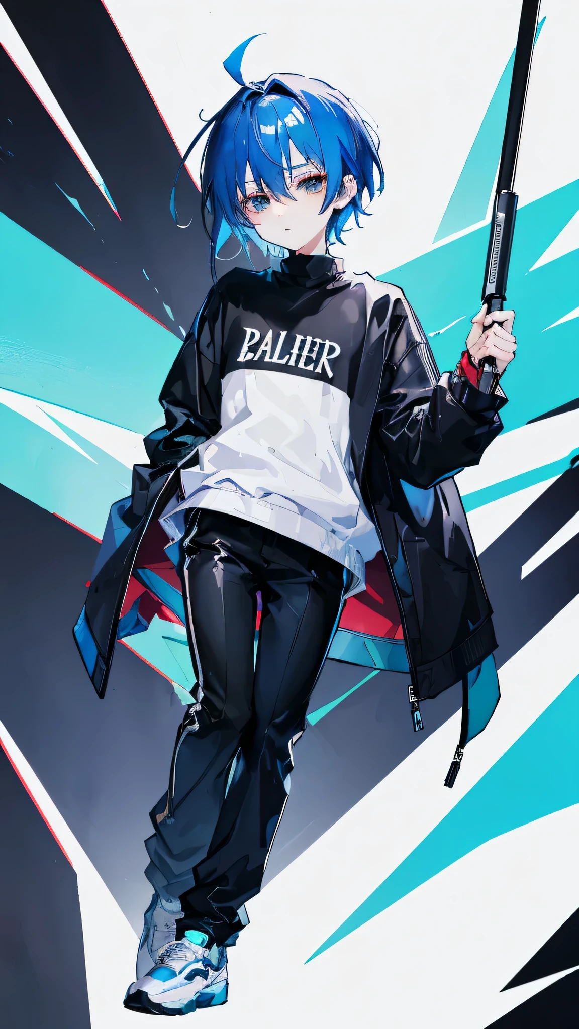 blue hair，have stupid hair(very small)，Shota，turtleneck sweatshirt，whole body衣服黑白配色，long sleeve，Pants，short man，whole body