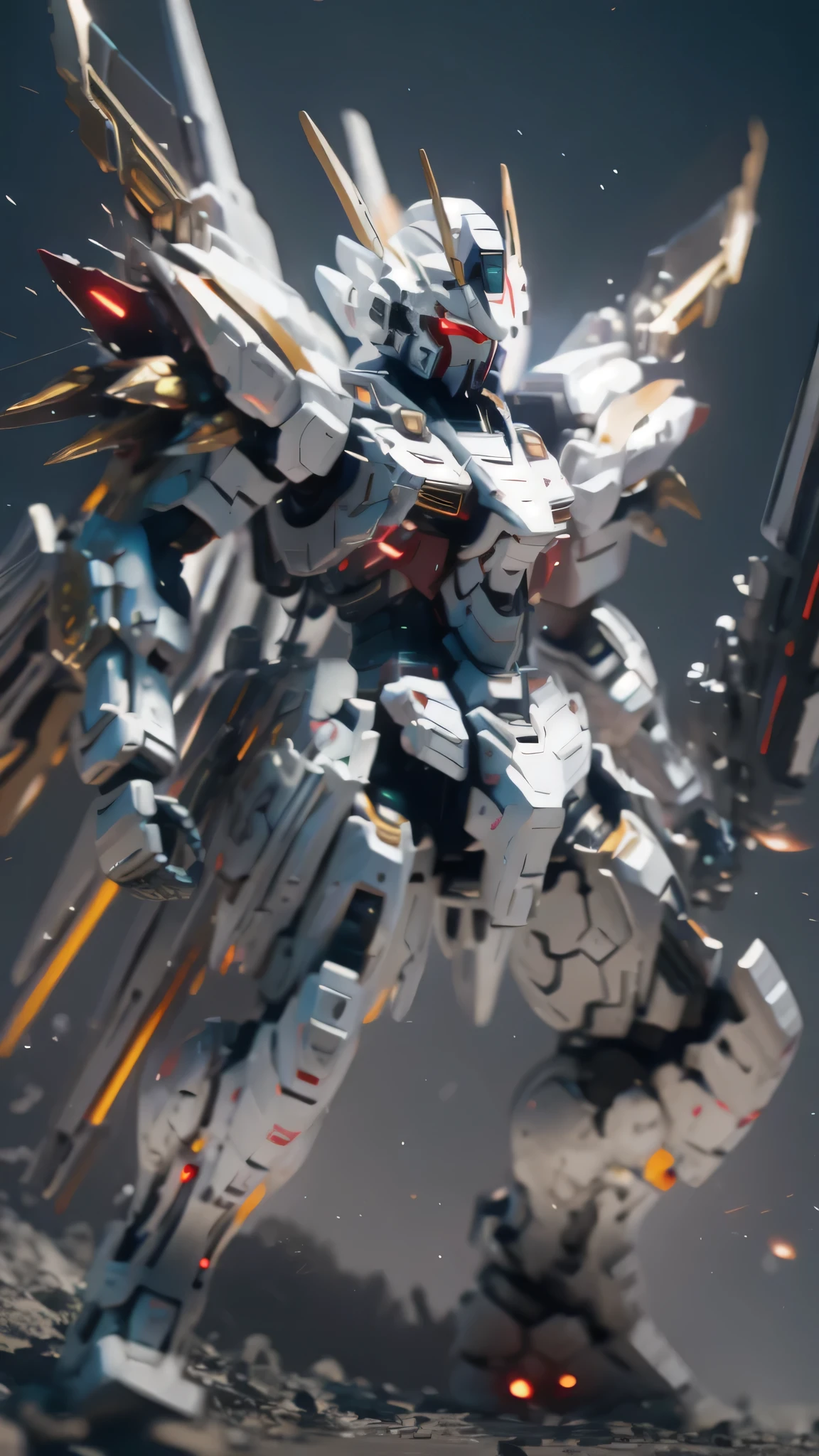 最high quality、best image quality、masterpiece、Mecha((white body、gold line、two black arms、two black legs、white backpack、Red shoulder、red glowing visor、With a beam saber、whole body missile、rifle、firing、finding、shining effect)),high quality、beautiful art、background((skyscraper city、battlefield))、Flight、debris flies、Depth of written boundary、movie、visual art、perfect art、8K,genuine、Dynamic Performance