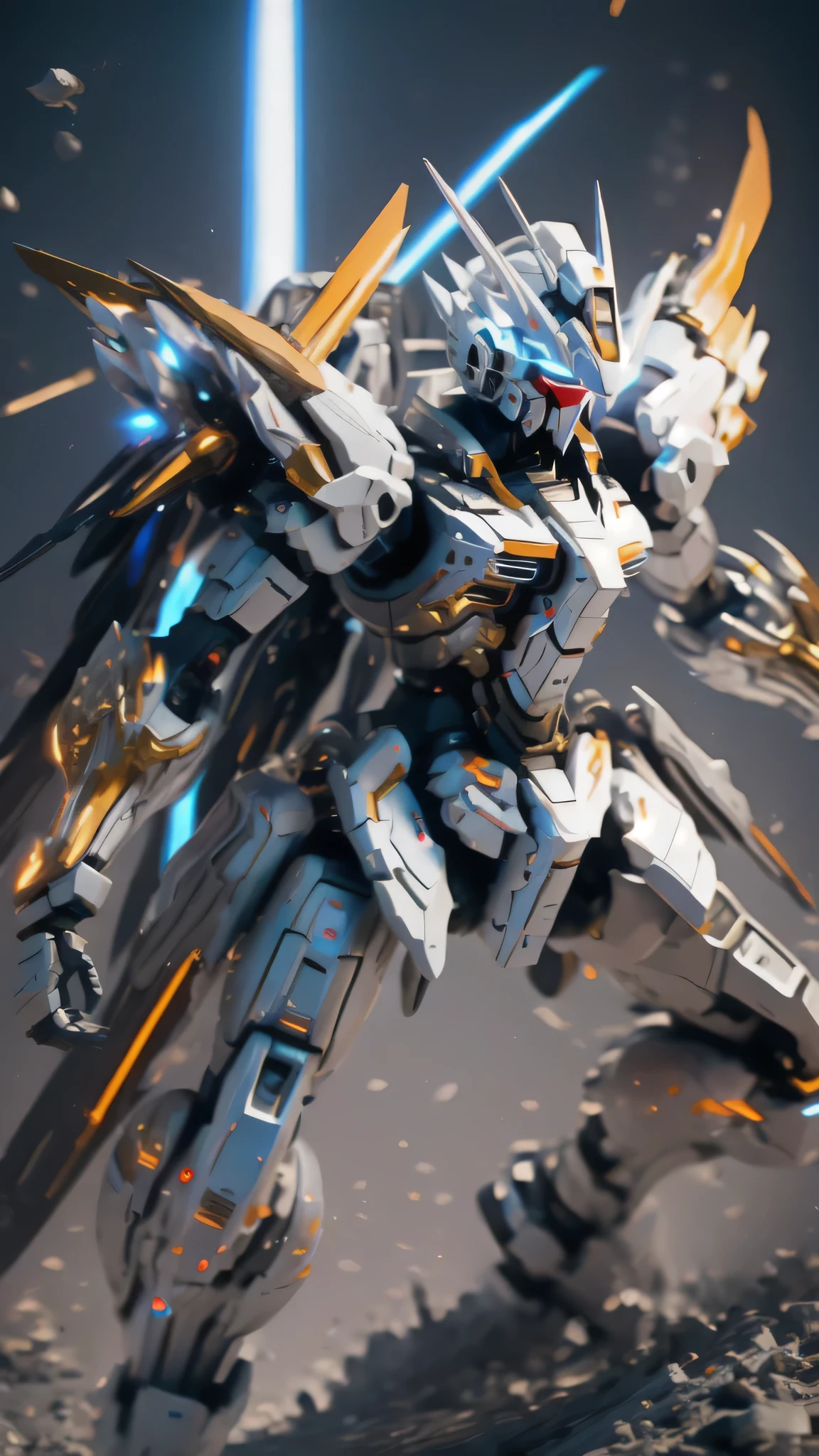 最high quality、best image quality、masterpiece、Mecha((white body、gold line、two black arms、two black legs、white backpack、Red shoulder、red glowing visor、With a beam saber、whole body missile、rifle、firing、finding、shining effect)),high quality、beautiful art、background((skyscraper city、battlefield))、Flight、debris flies、Depth of written boundary、movie、visual art、perfect art、8K,genuine、Dynamic Performance