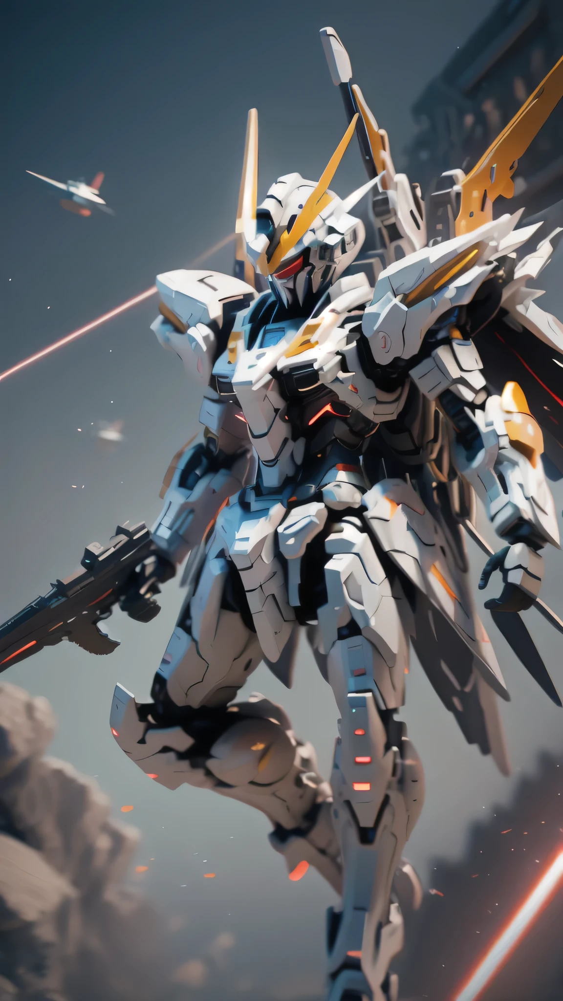 最high quality、best image quality、masterpiece、Mecha((white body、gold line、two black arms、two black legs、white backpack、Red shoulder、red glowing visor、With a beam saber、whole body missile、rifle、firing、finding、shining effect)),high quality、beautiful art、background((skyscraper city、battlefield))、Flight、debris flies、Depth of written boundary、movie、visual art、perfect art、8K,genuine、Dynamic Performance
