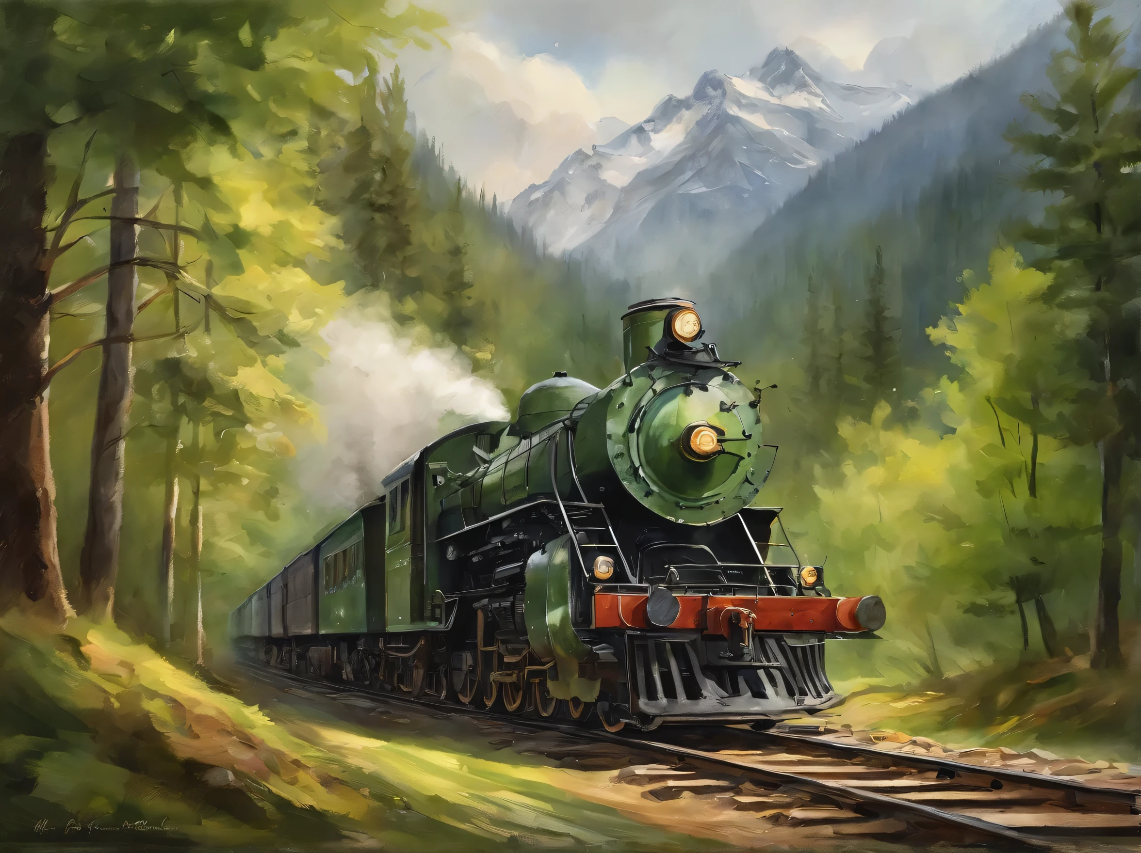 An old steam freight train（double track railway）Travel through dense Siberian forests，The distant scenery includes towering snow-capped mountains，Dense forest in foreground，tall trees。This scene captures lush greenery，pines and cypresses。watercolor art（Toshiyuki Abe’s style)，Resolution is 8K，diagonal composition。The artistic style is a depiction of nature，Emphasize the ancient and delicate details of the trees，Vibrant dark and light green shades。medium long shot，soft warm light，It creates an atmosphere of tranquility and mystery。