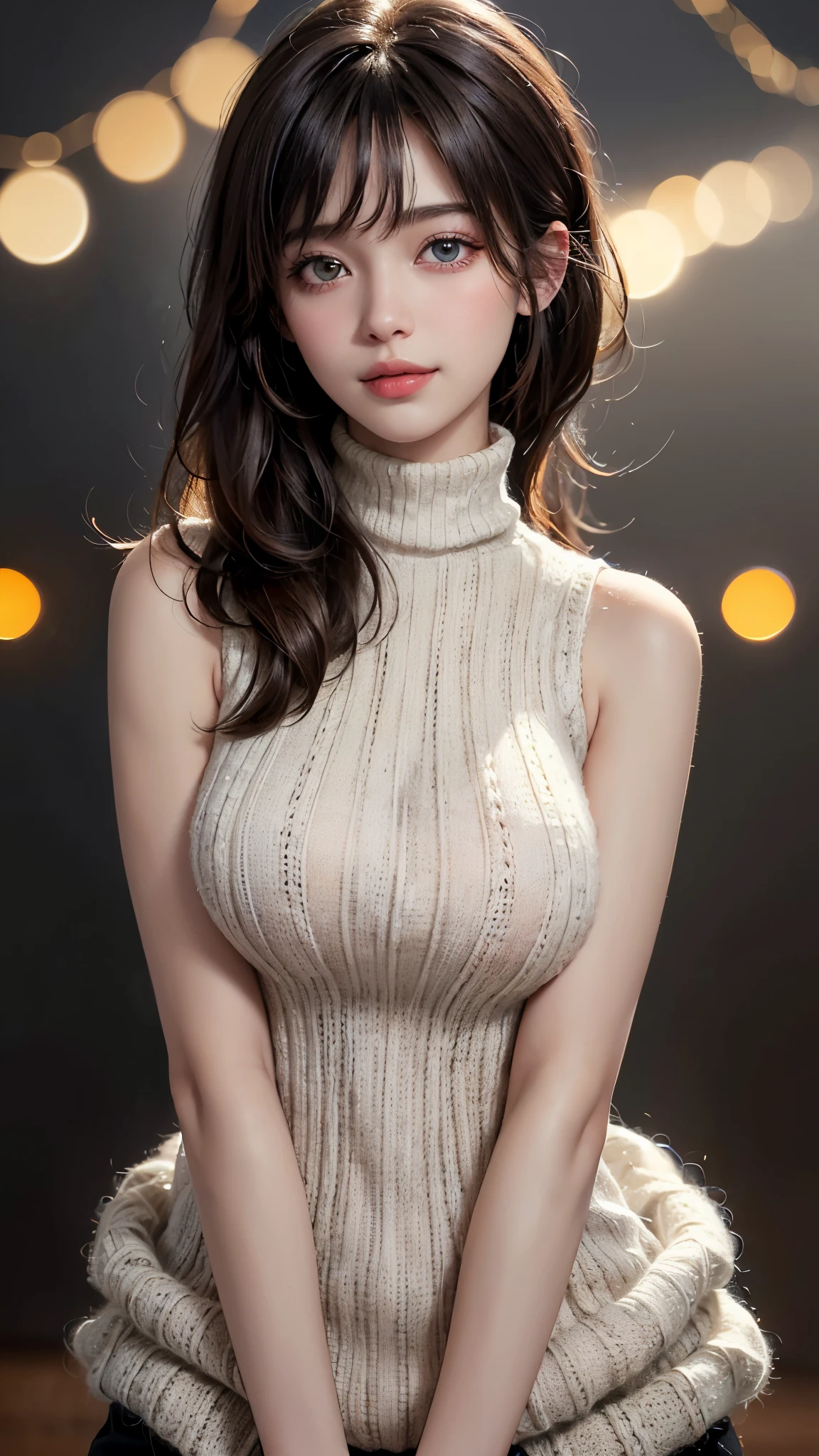 (UHD, retina, masterpiece, accurate, anatomically_correct, textured_skin, super_detail, high_details, high_quality, best_quality, high_res, 1080P, HD, 4K, 8k, 16k), (beautiful_detailed_eyes, beautiful_detailed_lips, extremely_detailed_eyes_and_face), soft_lighting, physically-based_rendering, vivid_colors, (large_breasts:1.5), (shiny_hair, shiny_skin, tanned_skin, blush), (bangs:1.5), eye_reflection, (bokeh), smile_and_laugh, (sleeveless_turtleneck_knit:1.5), from below,