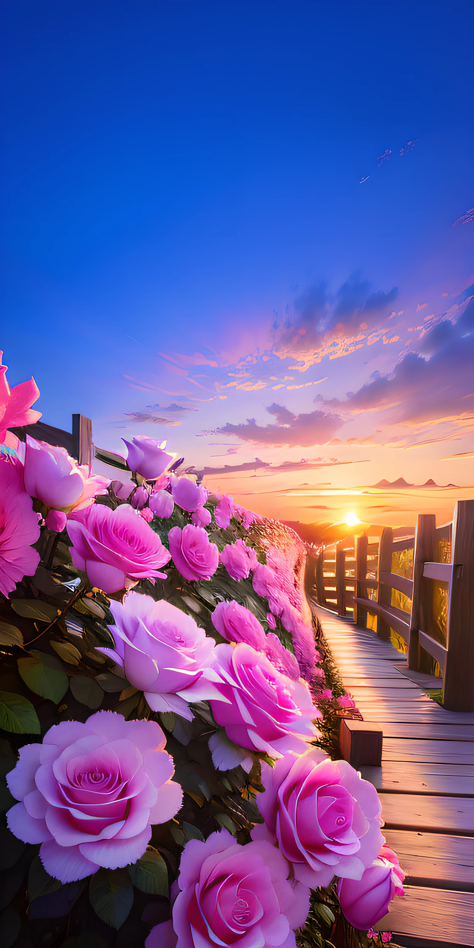 There is a wooden bridge，There are pink roses on it, beautiful background, beautiful wallpaper, floral sunset, beautiful nature, Beautiful flowers, Warm and beautiful scene, beautiful morning, very beautiful photos, beautiful background, amazing background, gorgeous romantic sunset, The flowery road to heaven, Beautiful scenery, magnificent background, beautiful clear sky, Really beautiful nature, beautiful high resolution